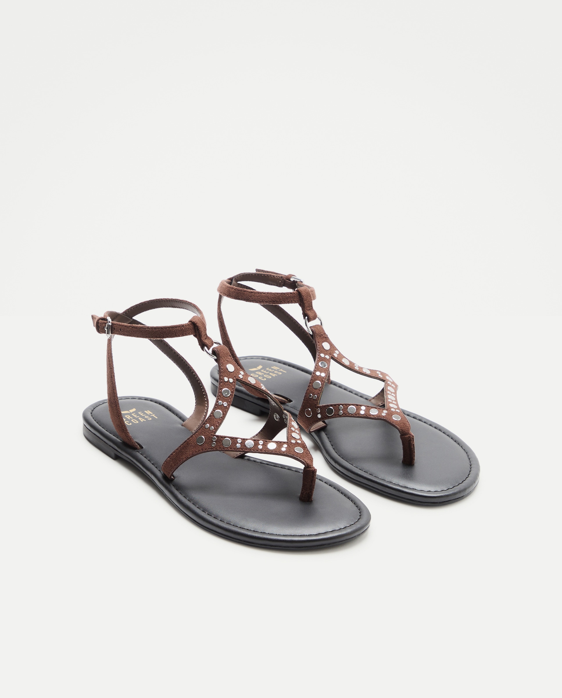 Sandálias Rasas com Losango de Tachas Castanho-2