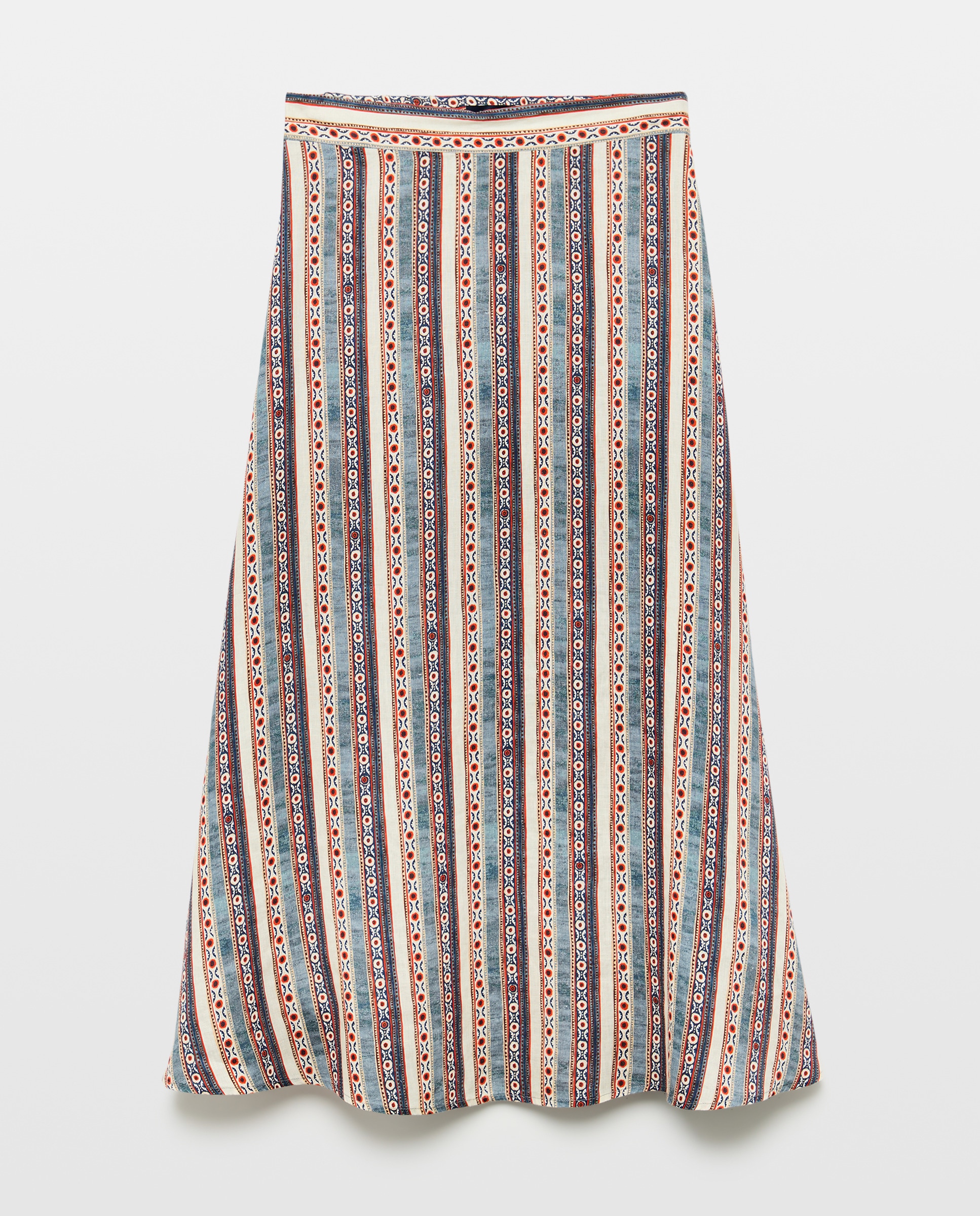 Saia Midi de Linho com Flor e Riscas Azul-4