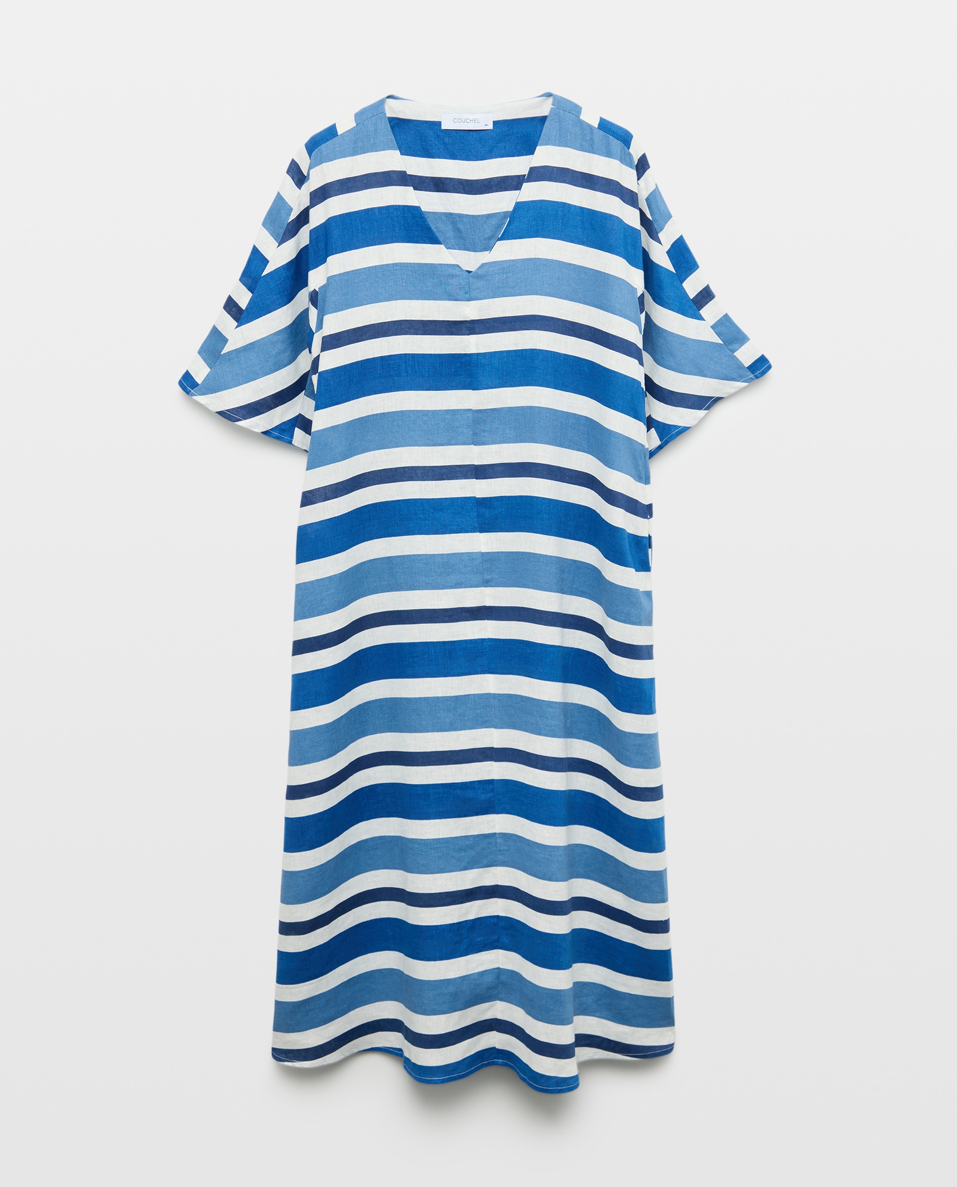 Vestido de Linho com Manga Curta às Riscas e Decote em Bico Azul-4
