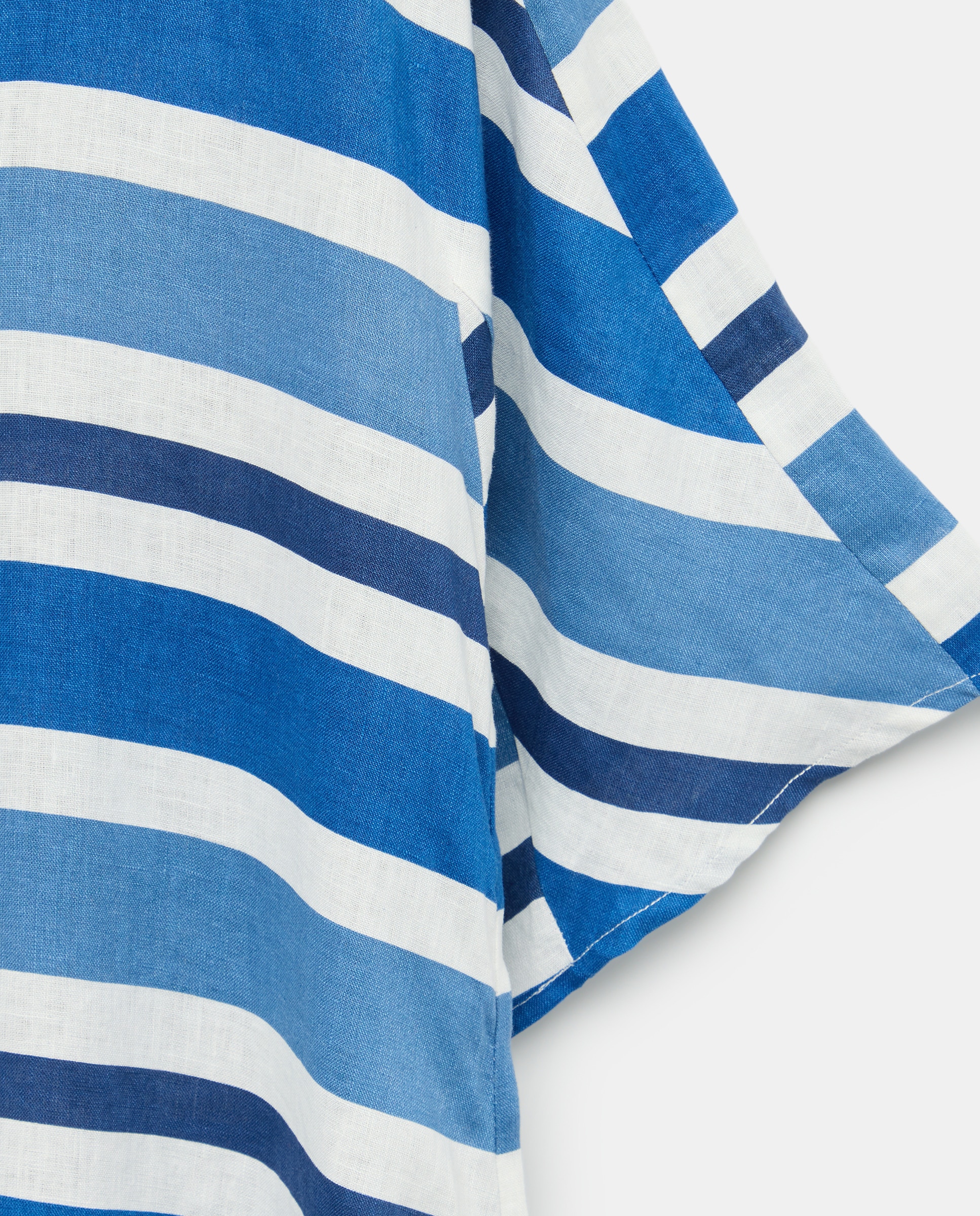 Vestido de Linho com Manga Curta às Riscas e Decote em Bico Azul-5