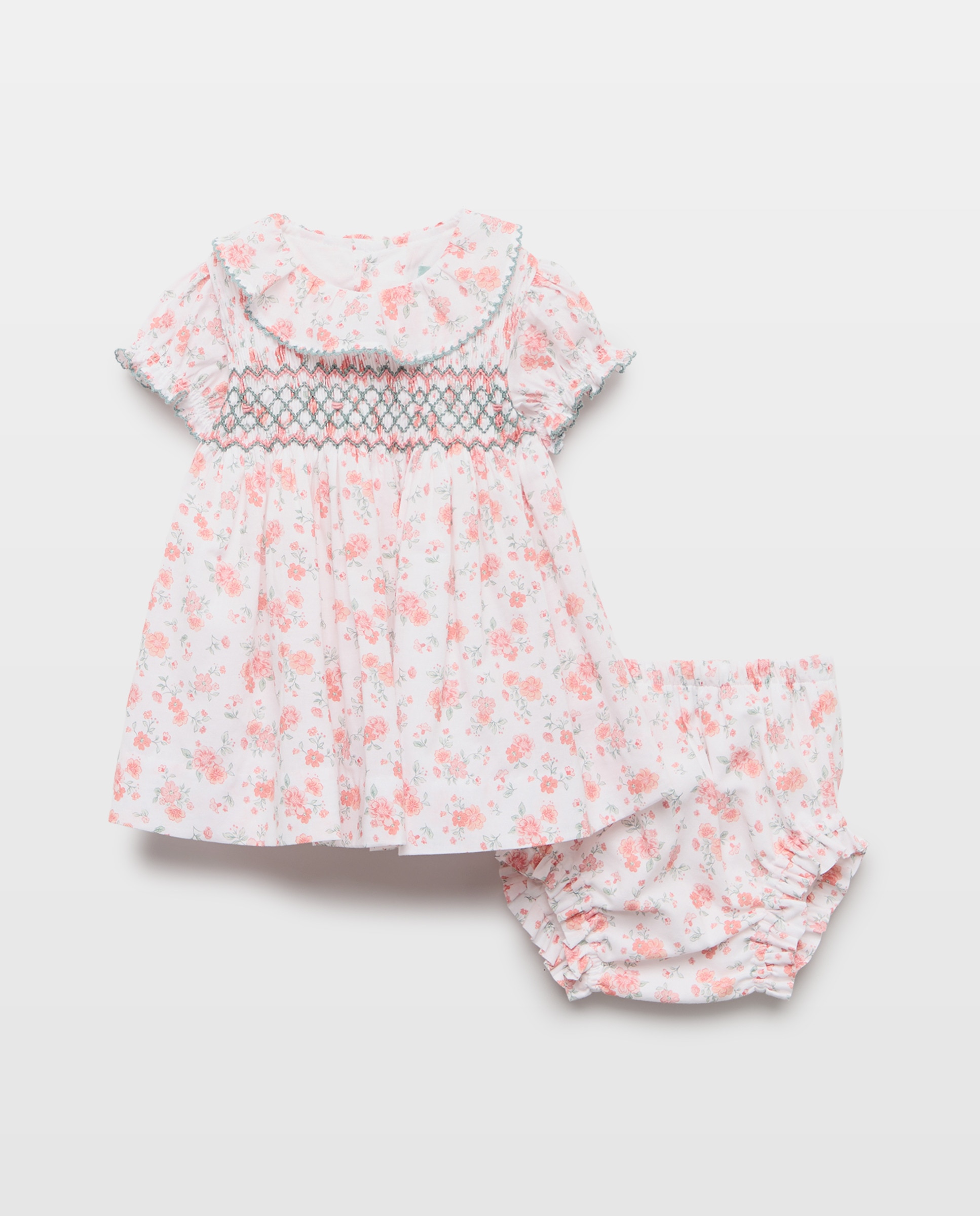 Vestido Estampado de Bebé com Manga Curta e Favos de Mel Rosa-1