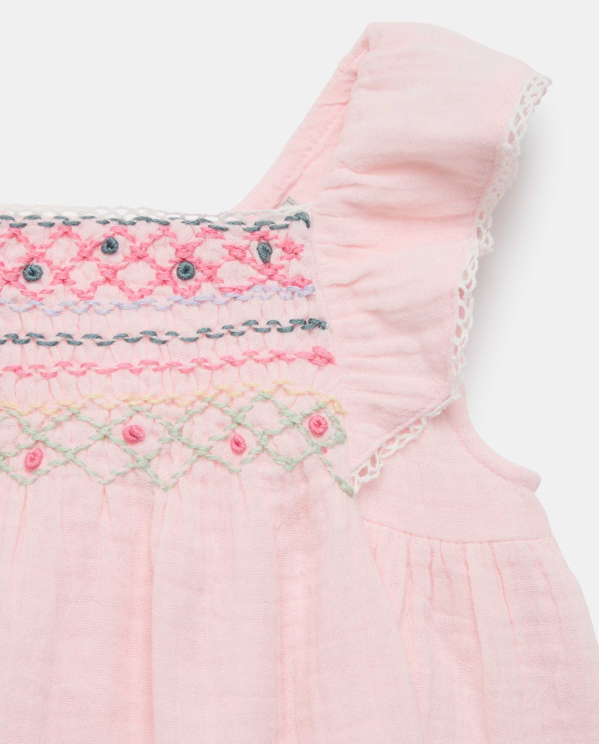 Vestido de Bebé sem Mangas com Favos de Mel e Gola com Folho Lateral Coconut El Corte Inglés 200 Rosa-3
