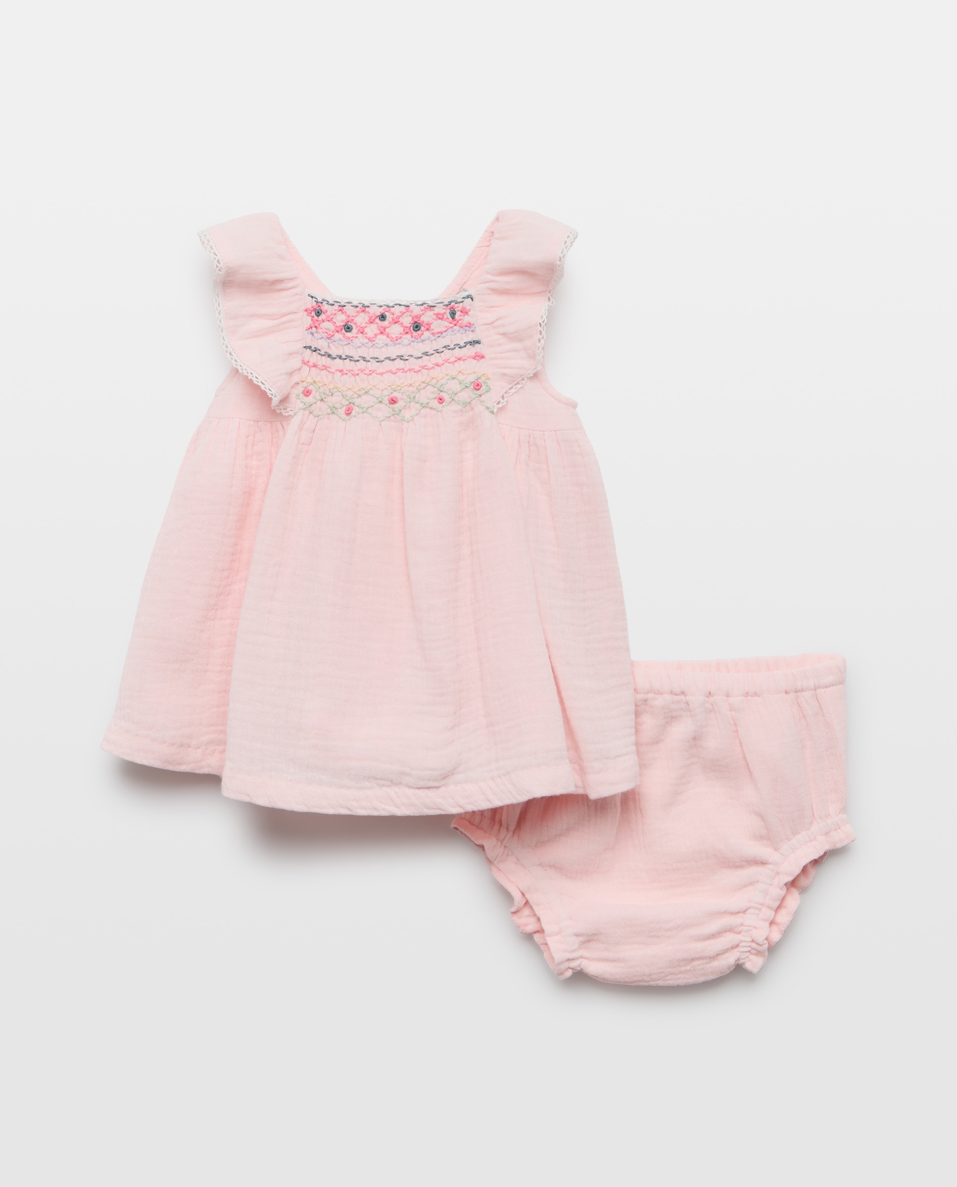 Imagem 0 de Vestido de Bebé sem Mangas com Favos de Mel e Gola com Folho Lateral