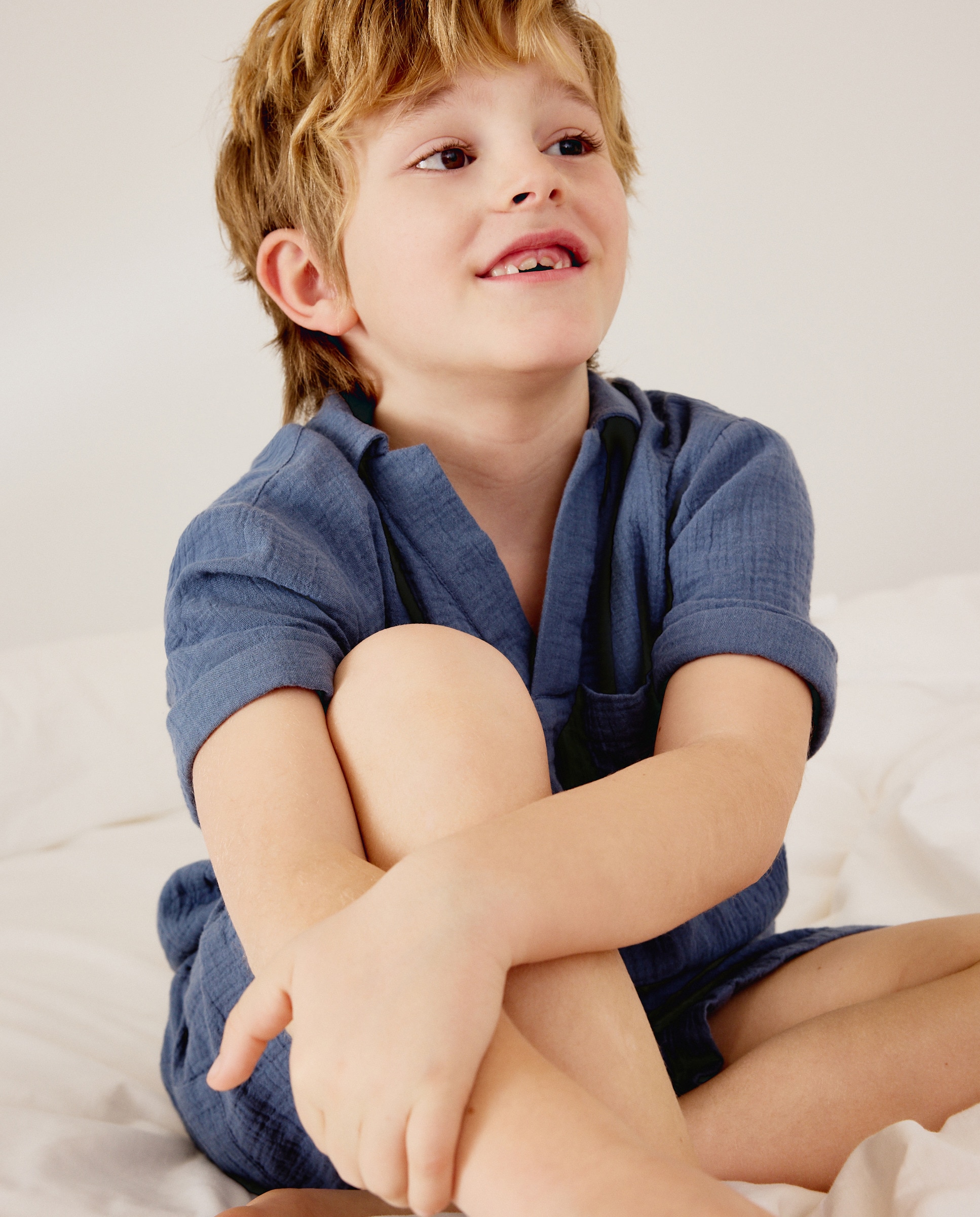 Pijama Completo Comprido de Chiffon Liso Abotoado 400 Azul-1