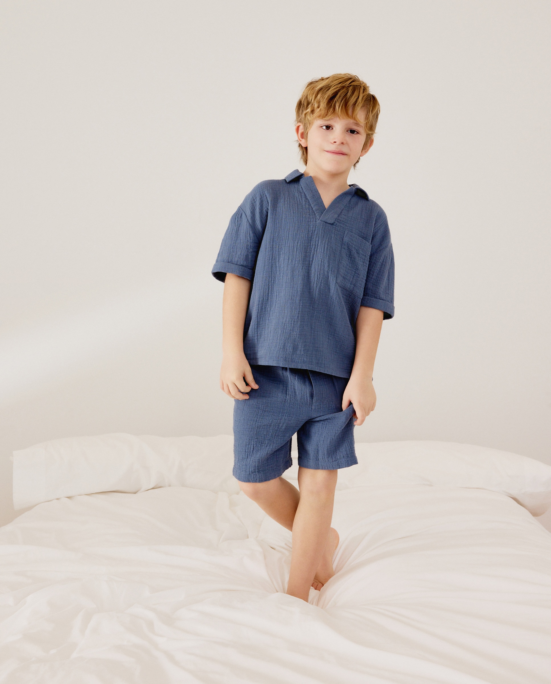 Pijama Completo Comprido de Chiffon Liso Abotoado 400 Azul-2