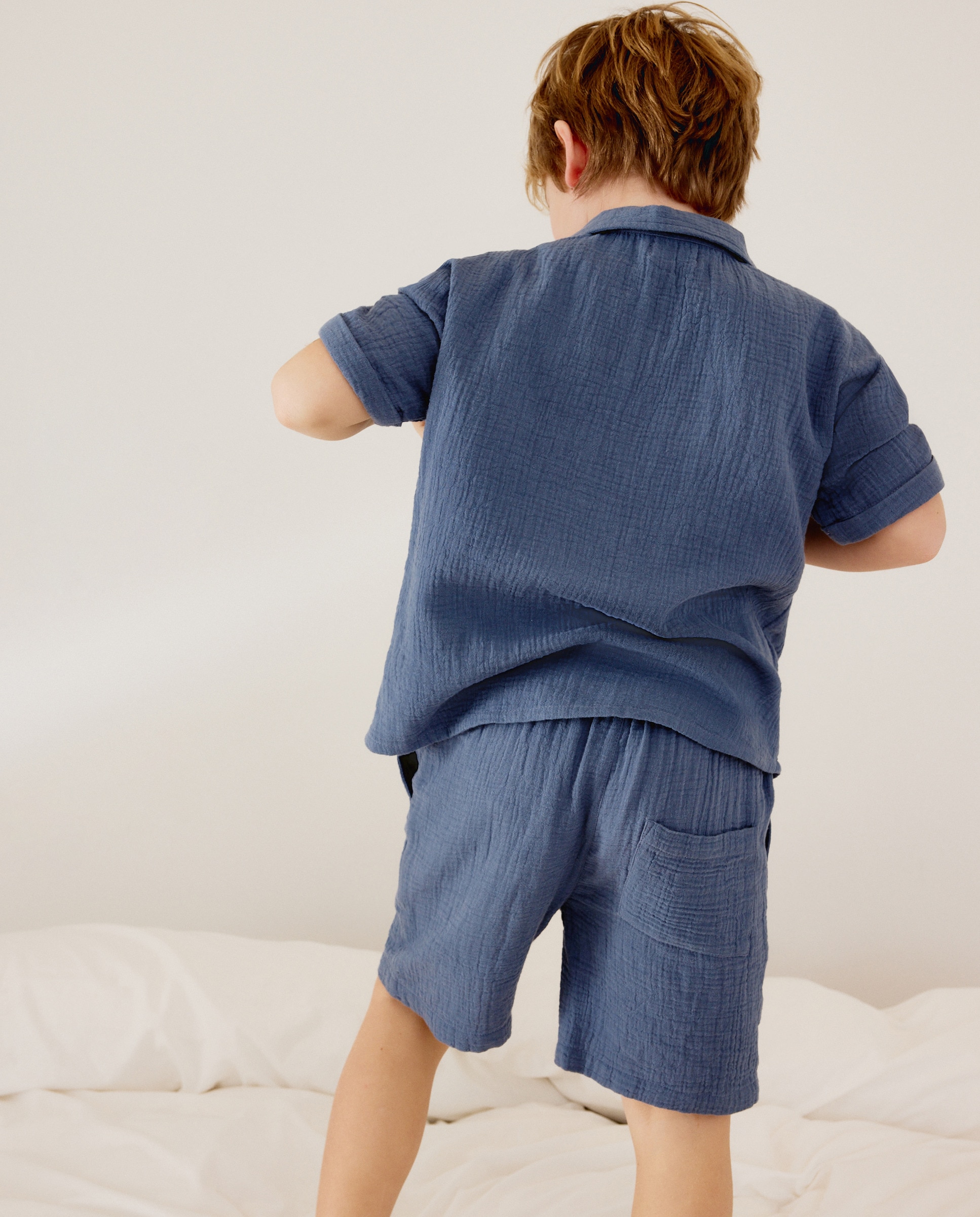 Pijama Completo Comprido de Chiffon Liso Abotoado 400 Azul-4