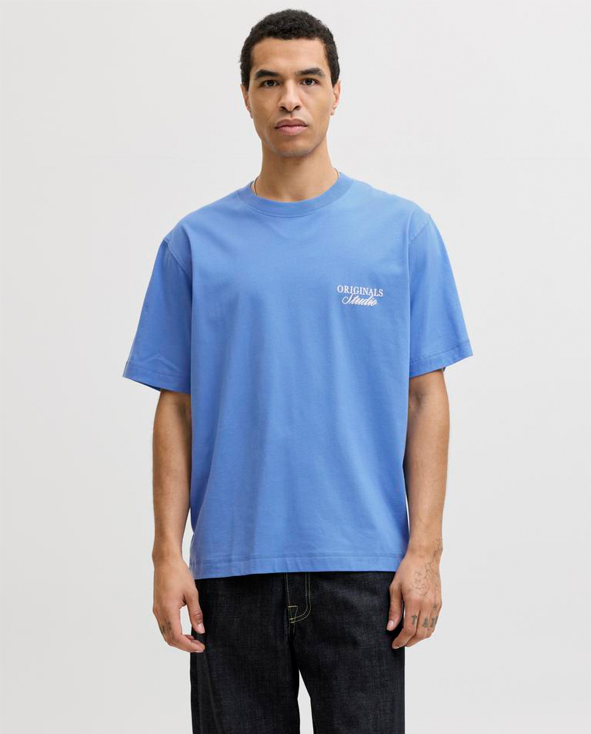 T-shirt de Manga Curta com Backprint Azul-1