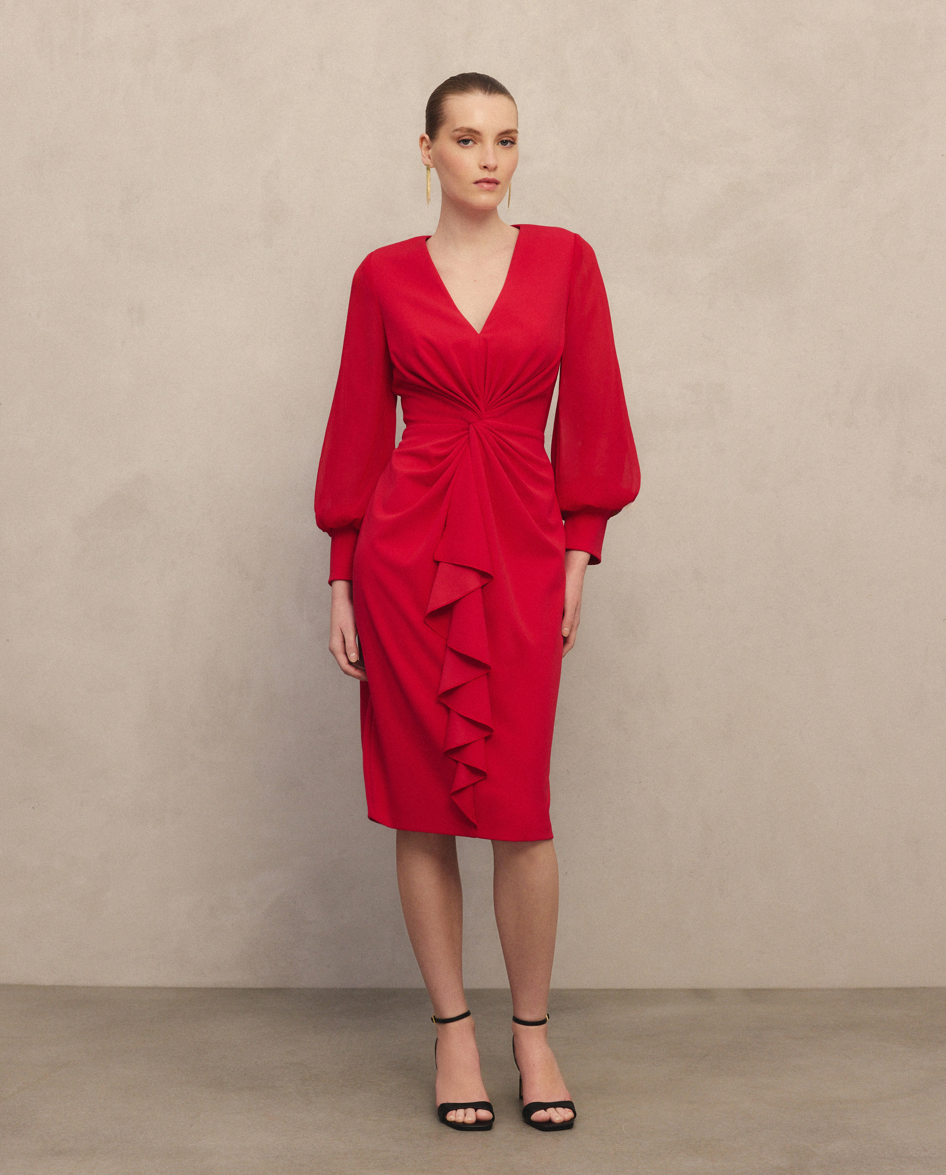Vestido Curto Elástico com Manga Comprida em Chiffon e Nó na Cintura 600 Vermelho-2
