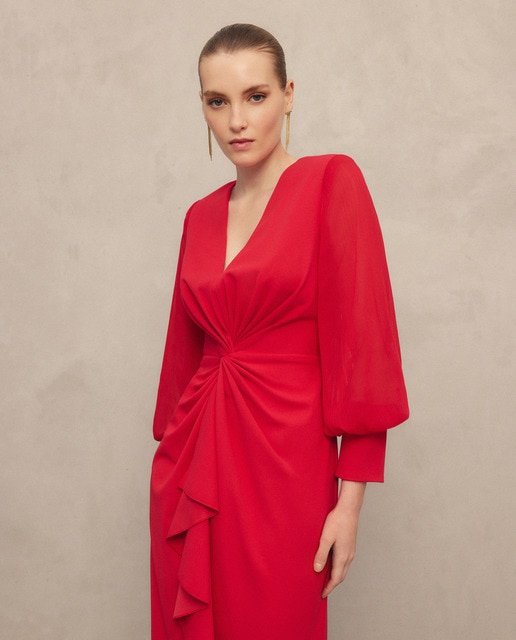 Imagem 0 de Vestido Curto Elástico com Manga Comprida em Chiffon e Nó na Cintura