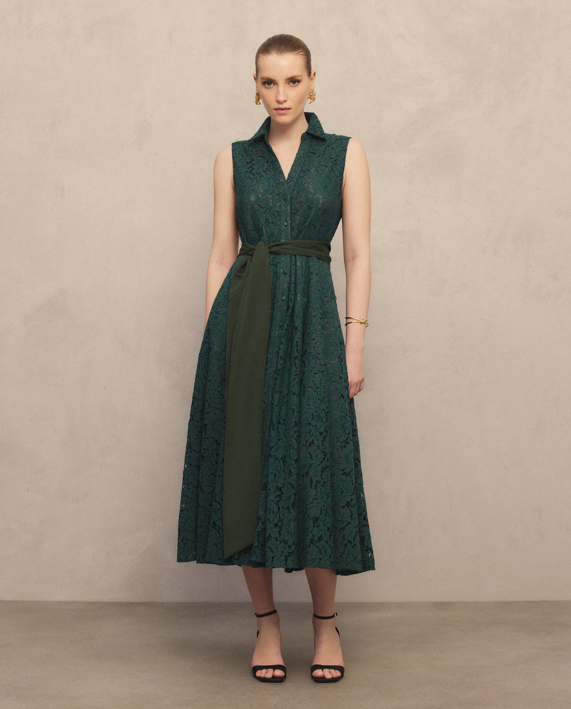 Vestido Camiseiro Midi com Renda 530 Verde Escuro-2