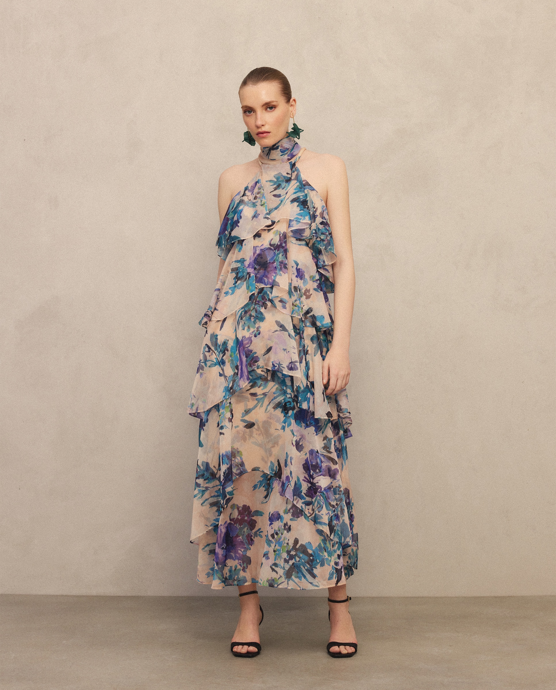 Vestido Midi com Capas e Écharpe Verde-2