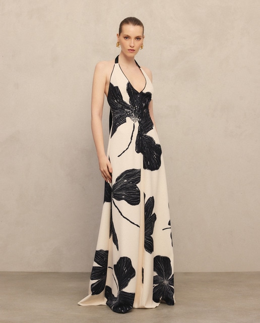 Imagem 0 de Vestido Comprido Halter com Estampado e Laço nas Costas