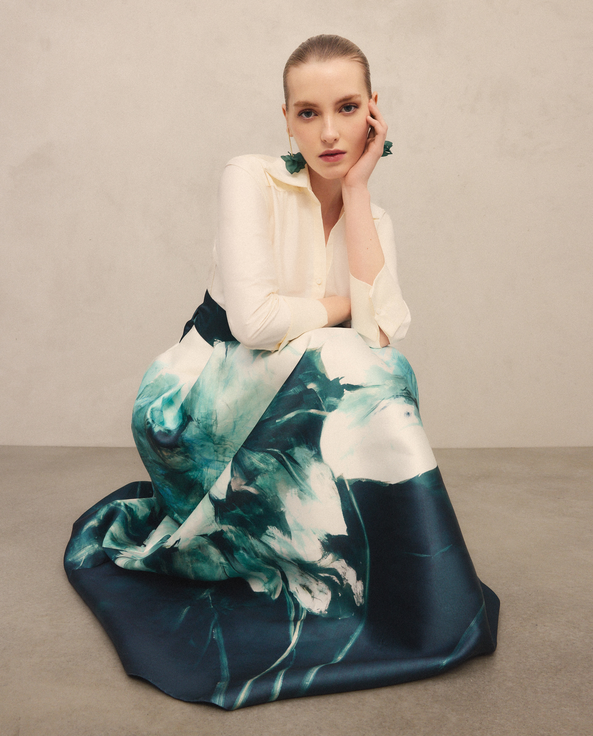 Vestido Comprido com Manga 3/4 - Top Branco Verde-2