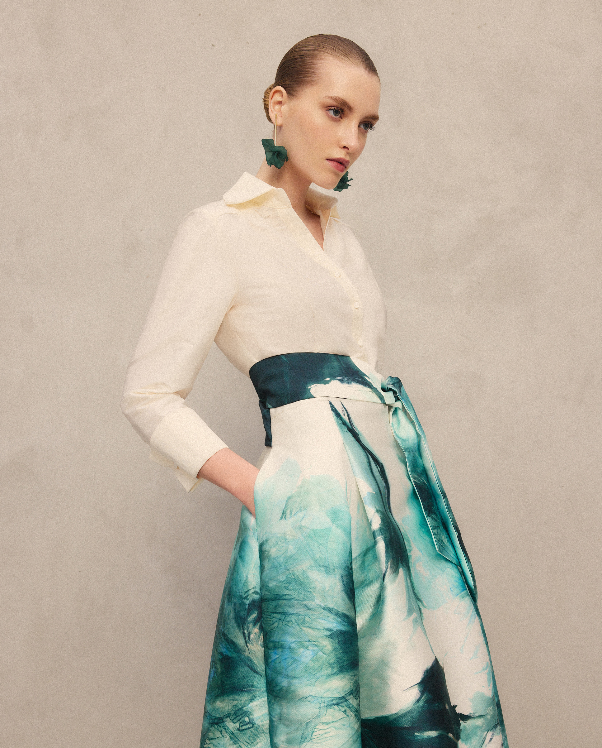 Vestido Comprido com Manga 3/4 - Top Branco Verde-4