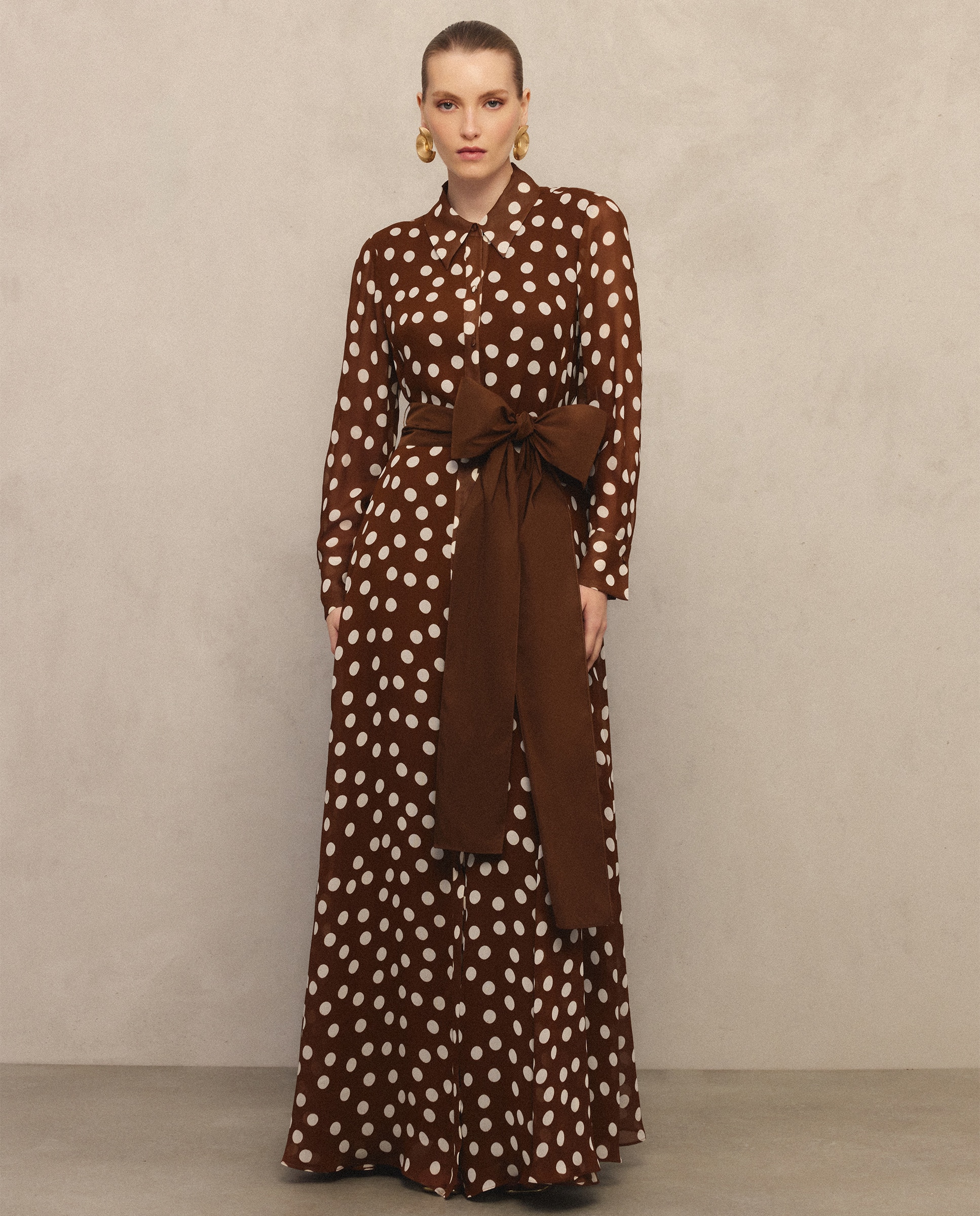 Vestido Camiseiro às Bolinhas Castanho-2