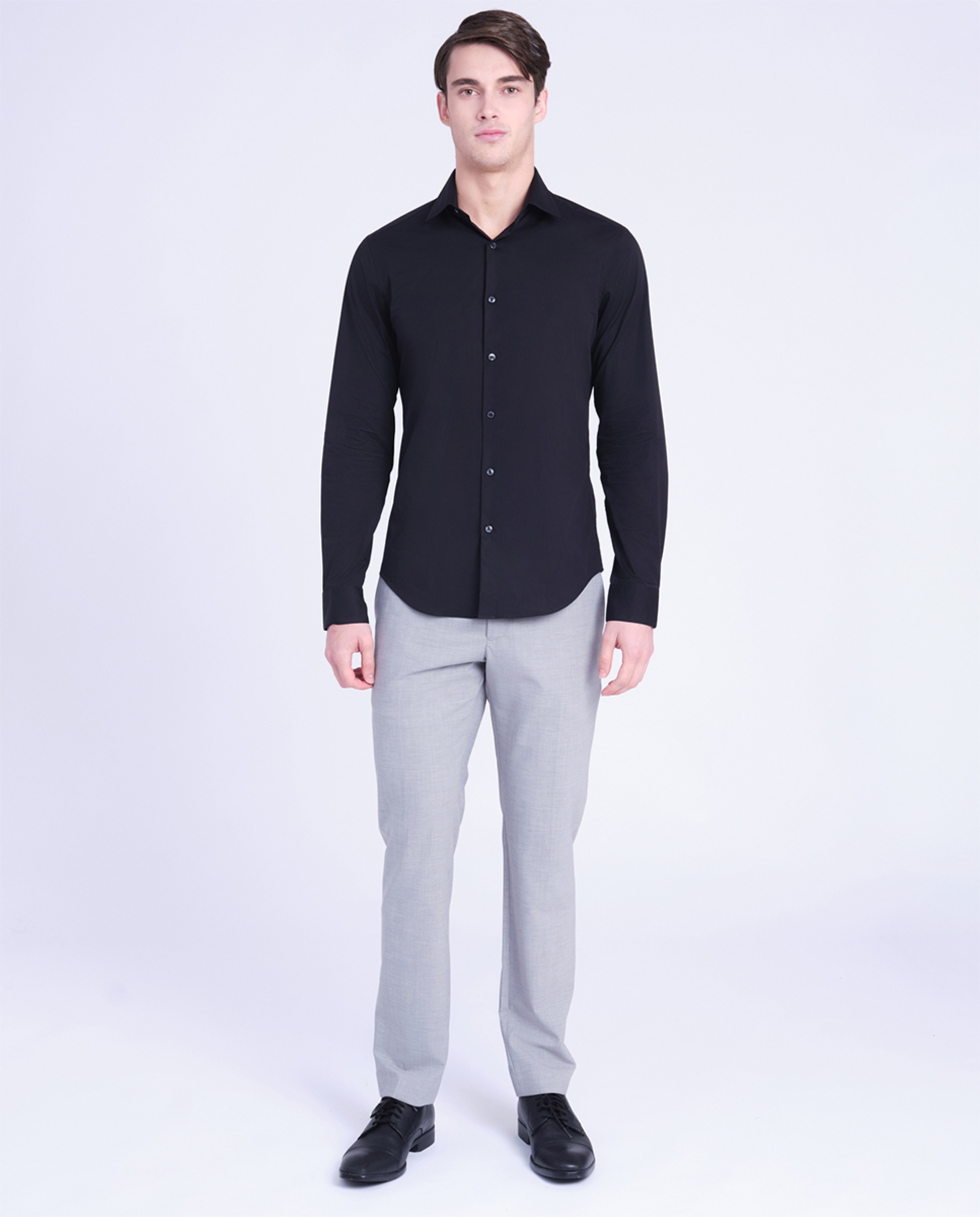 Camisa Clássica Slim Fit de Popelina Preto-5