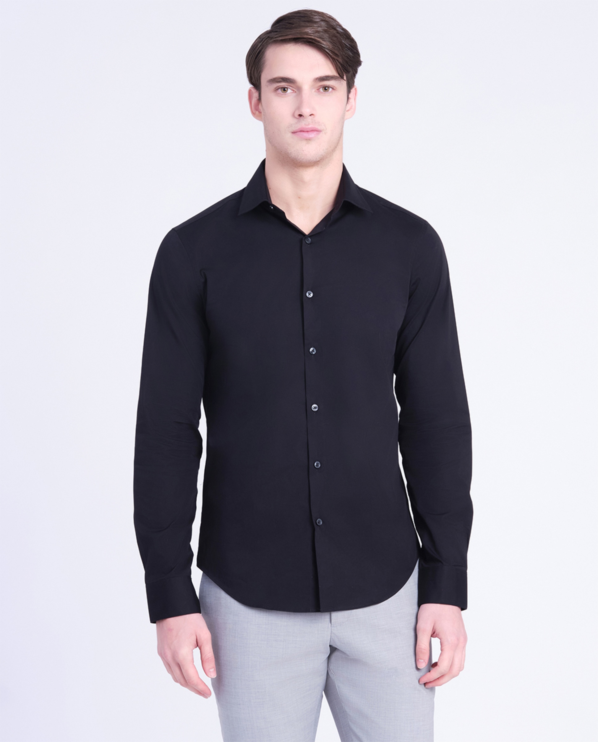 Camisa Clássica Slim Fit de Popelina Preto-3