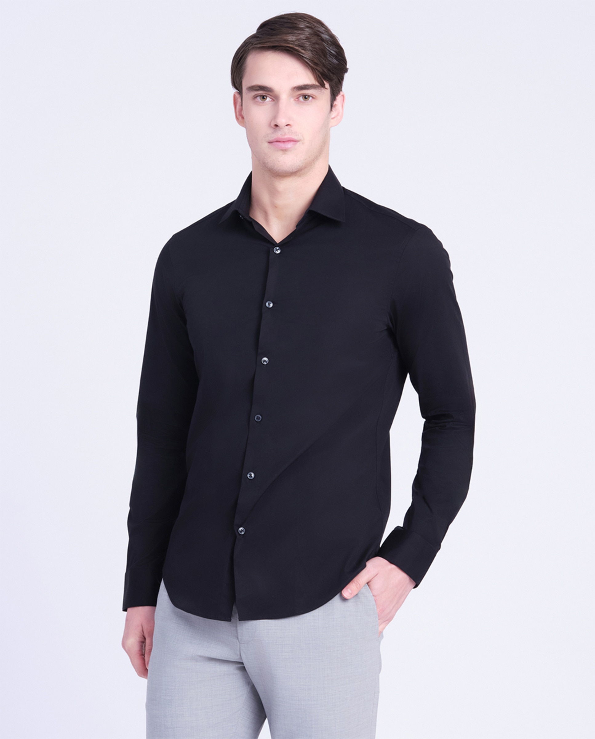 Camisa Clássica Slim Fit de Popelina Preto-1