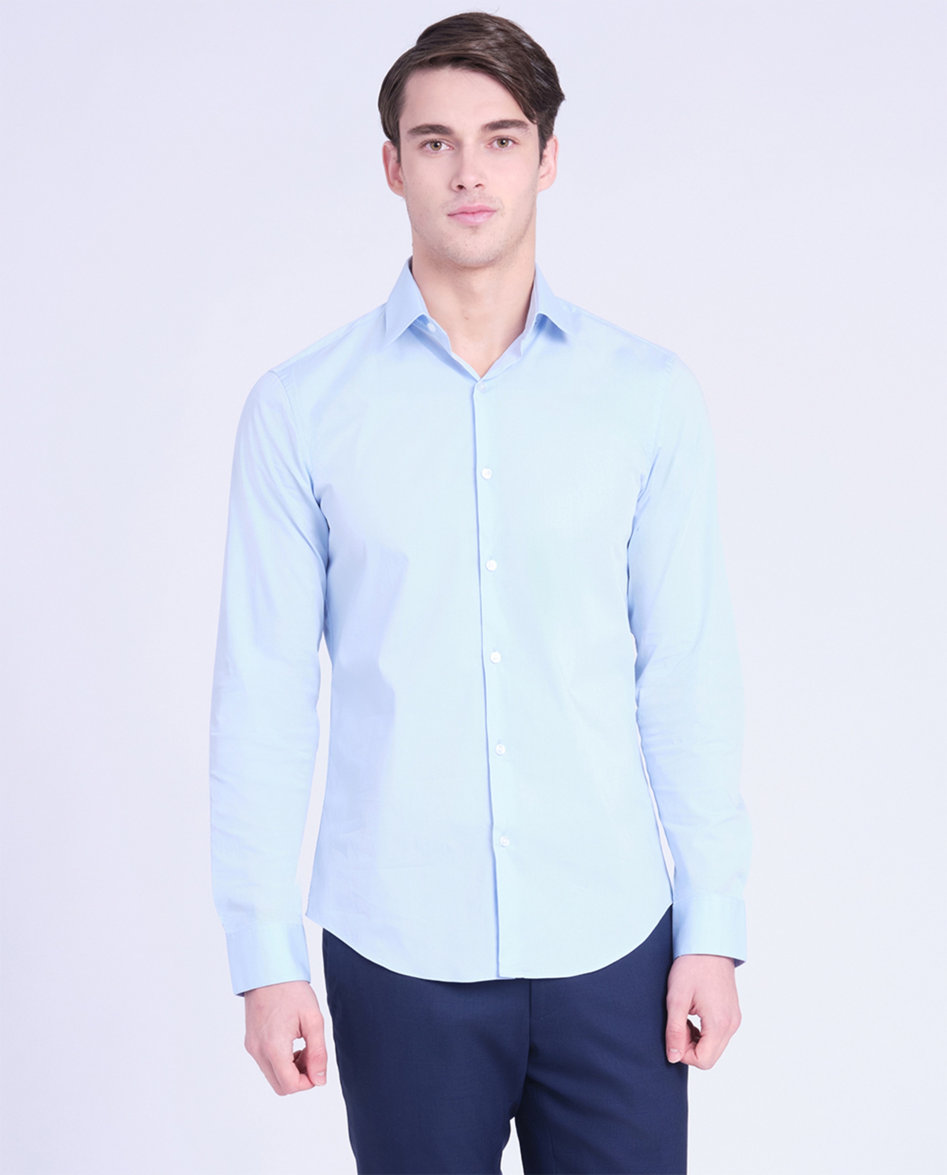 Camisa Clássica Slim Fit de Popelina Azul-claro-4