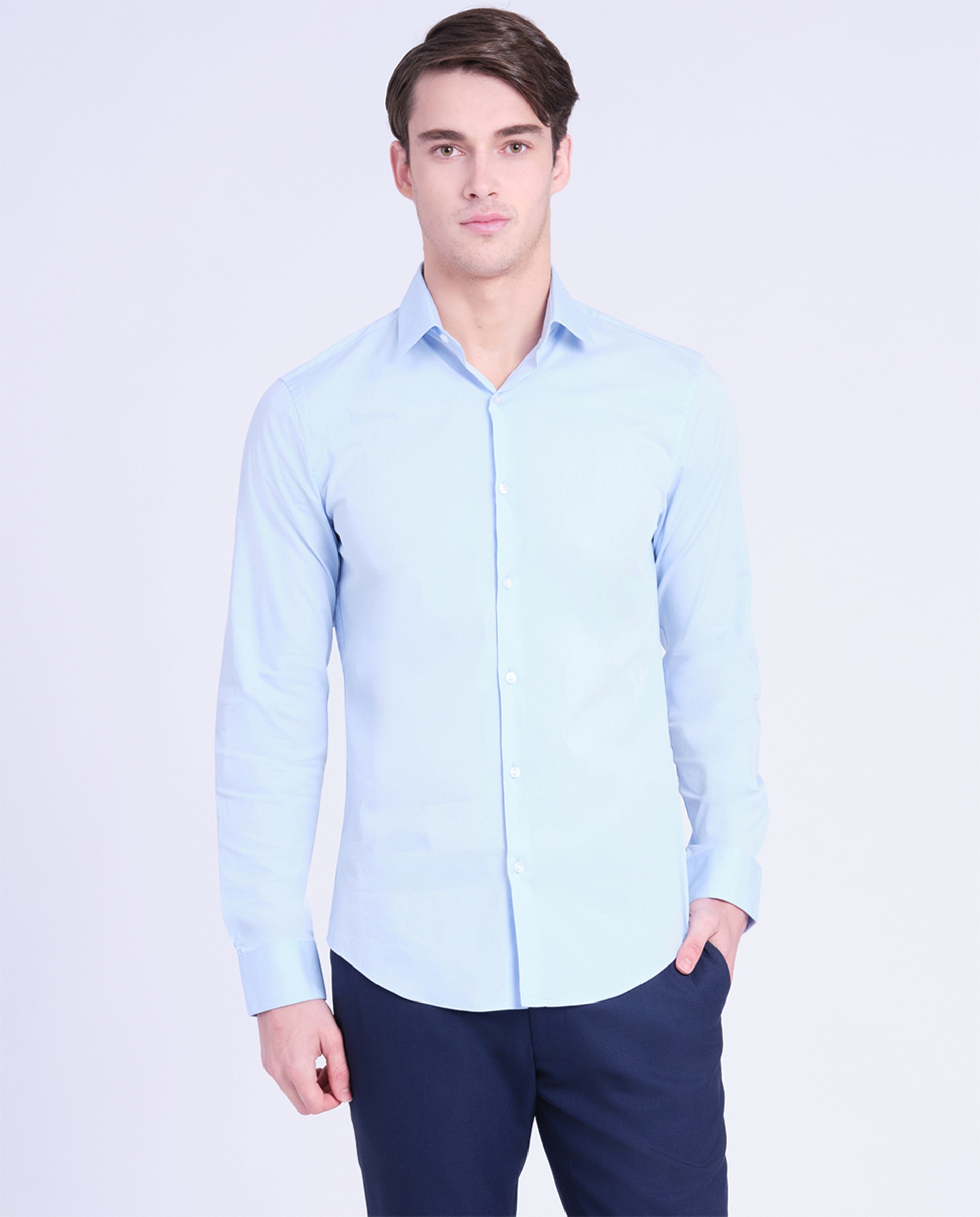 Camisa Clássica Slim Fit de Popelina Azul-claro-1