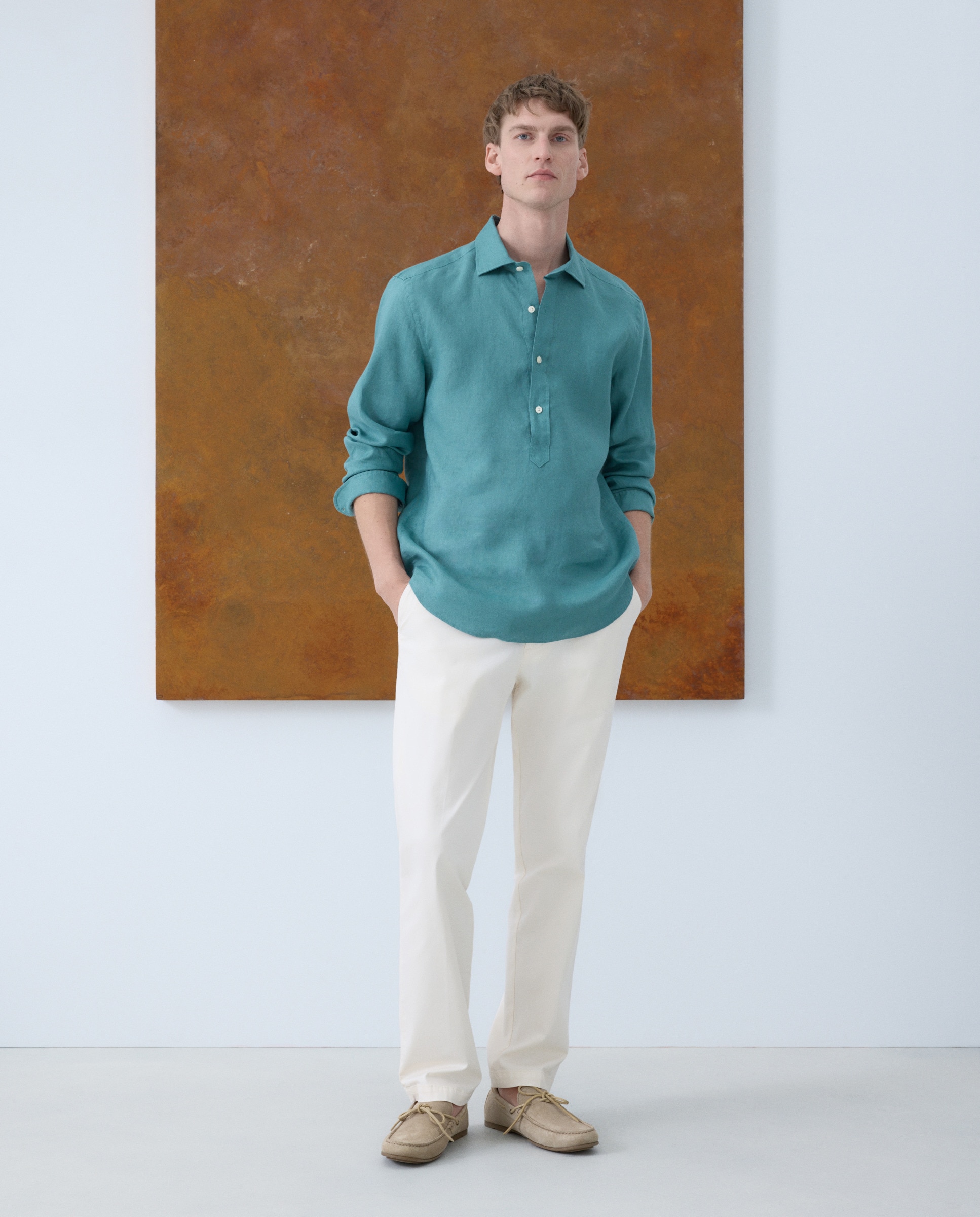 Camisa Tipo Polo 100% Linho Verde Água-2