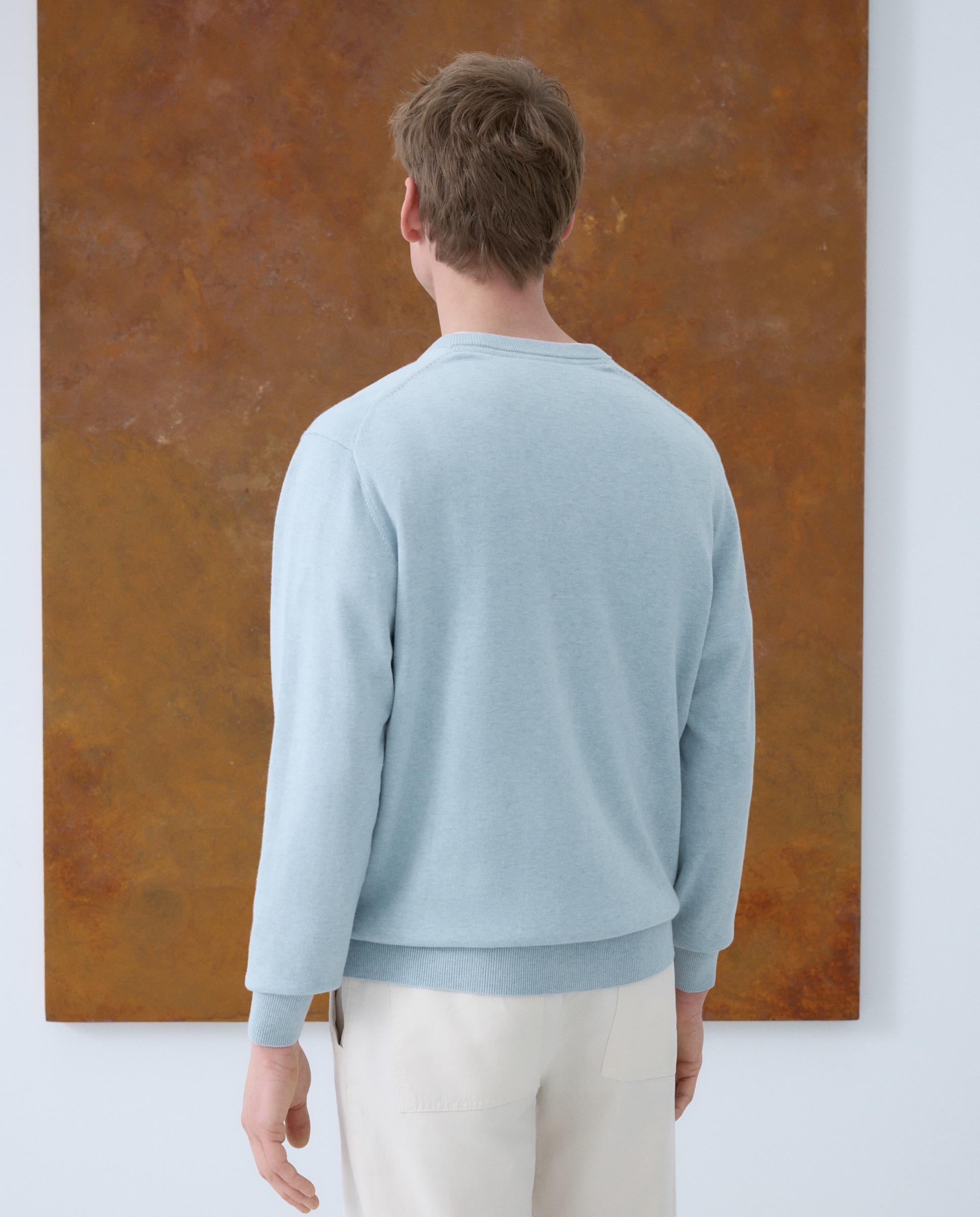 Camisola de Malha Lisa com Decote em Bico e em Algodão e Seda Verde Água-4