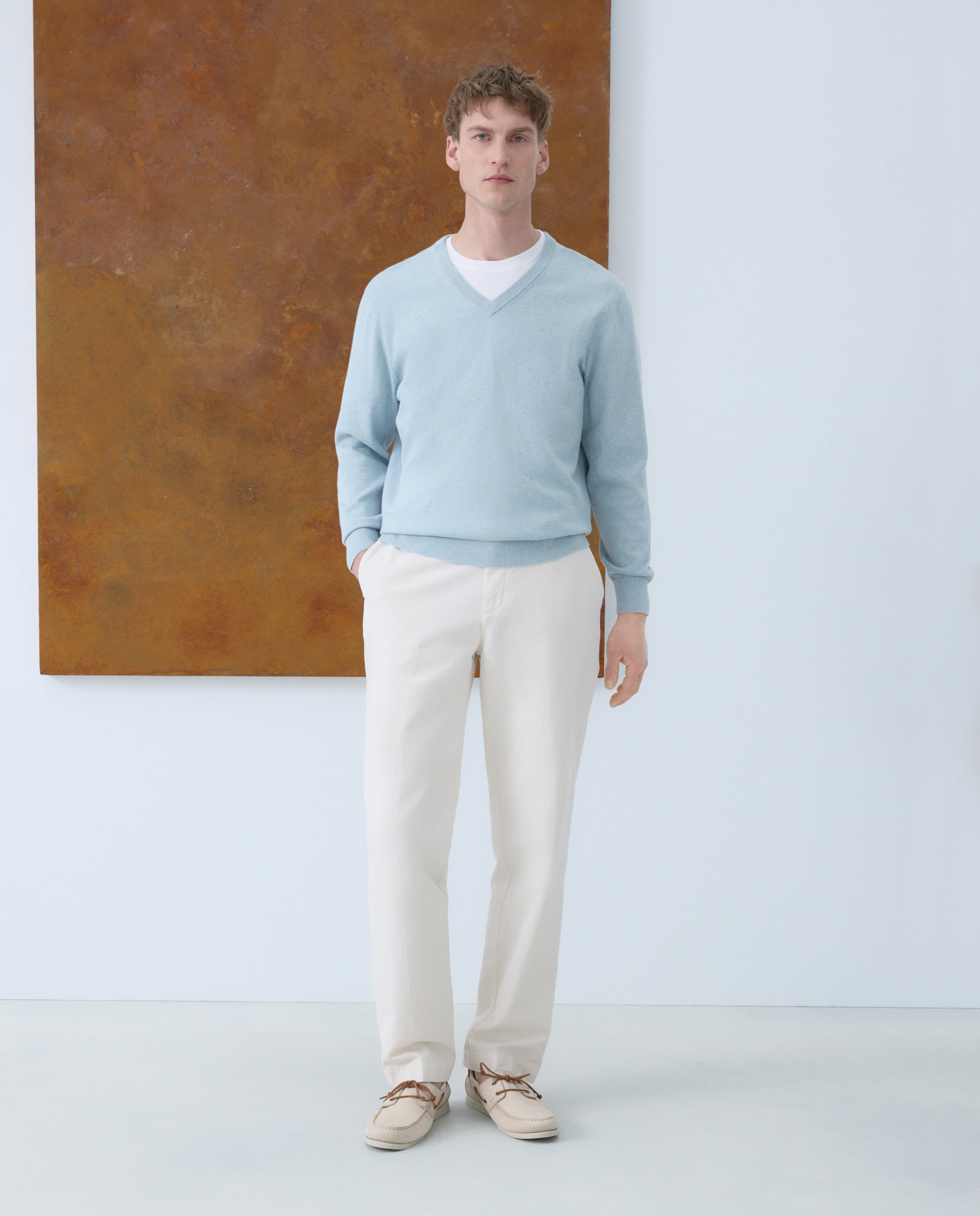 Camisola de Malha Lisa com Decote em Bico e em Algodão e Seda Verde Água-2