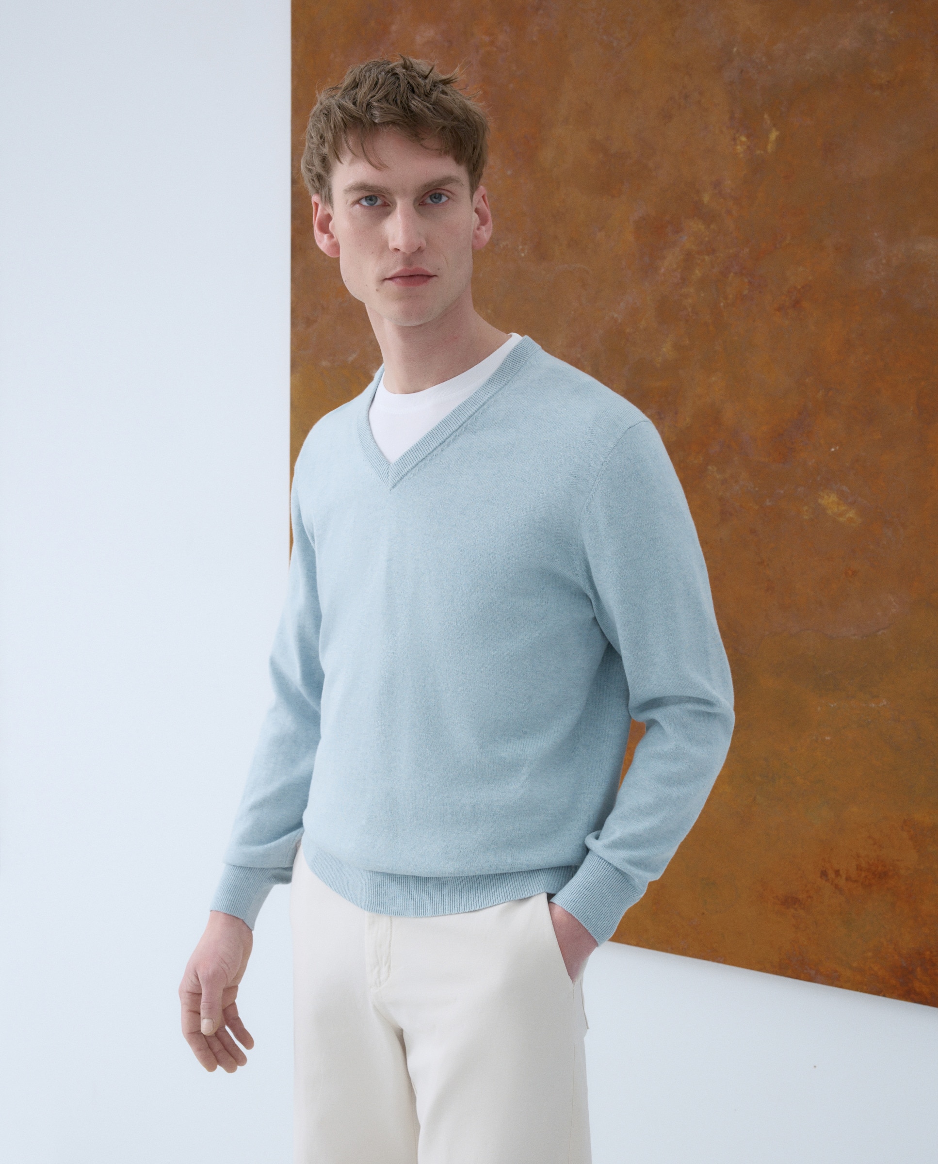 Camisola de Malha Lisa com Decote em Bico e em Algodão e Seda Verde Água-3