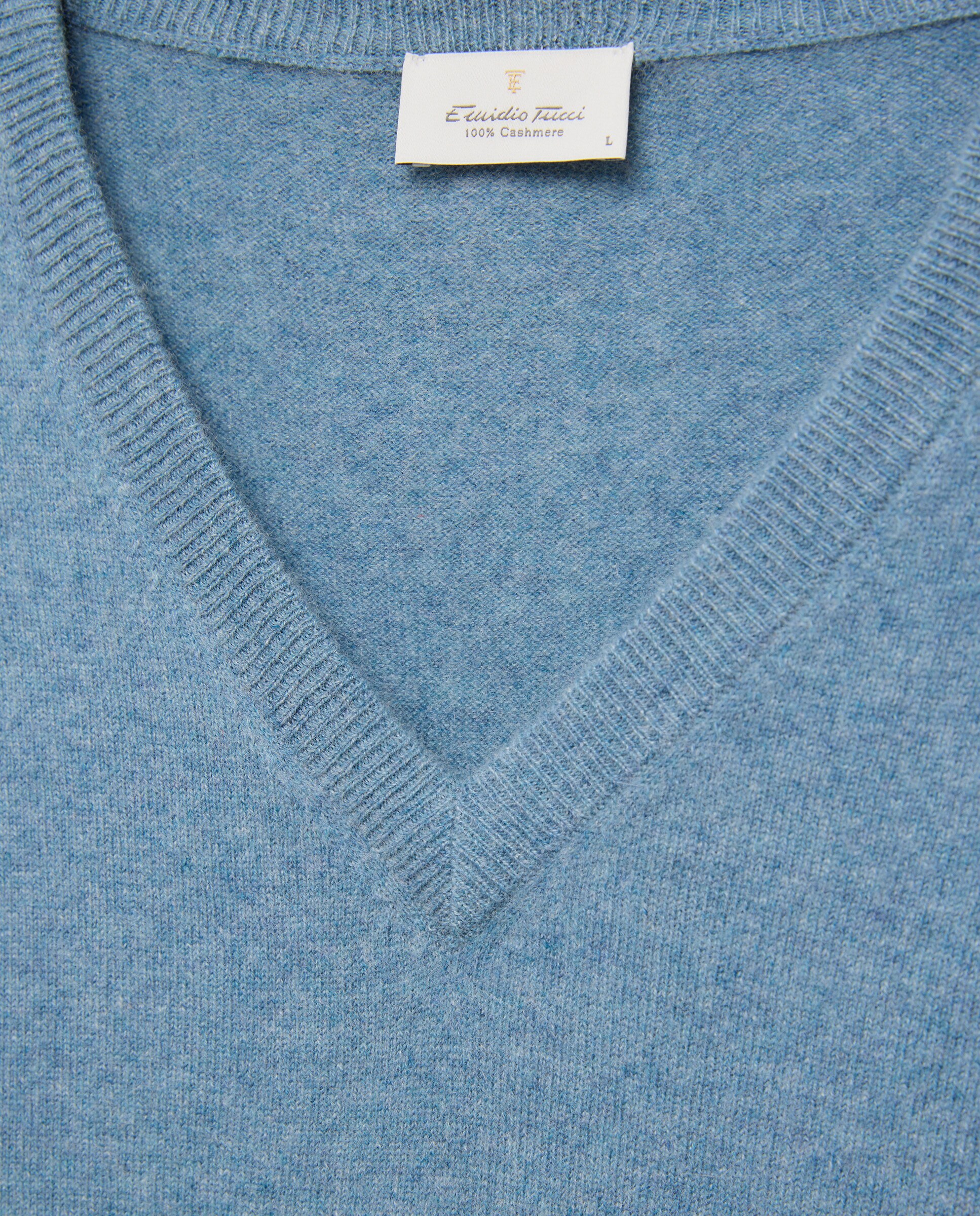 Camisola de Malha com Decote em Bico Liso de Caxemira Azul-6