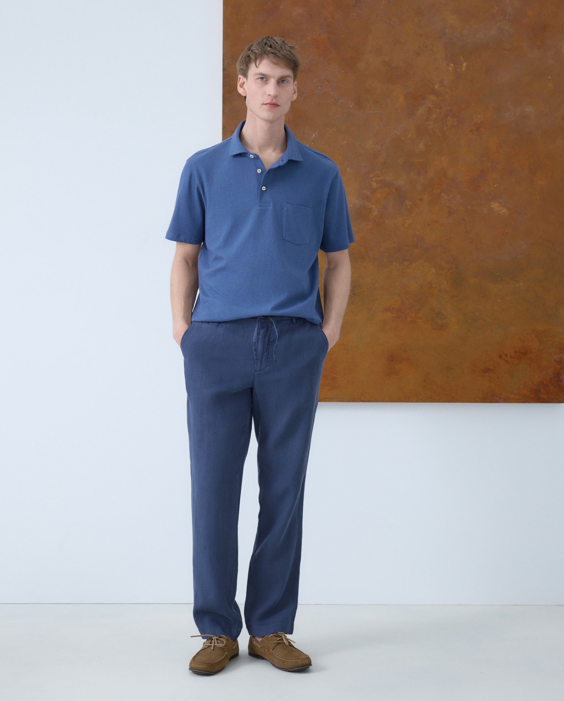 Polo Piqué de Algodão e Linho com Manga Curta Azul-2