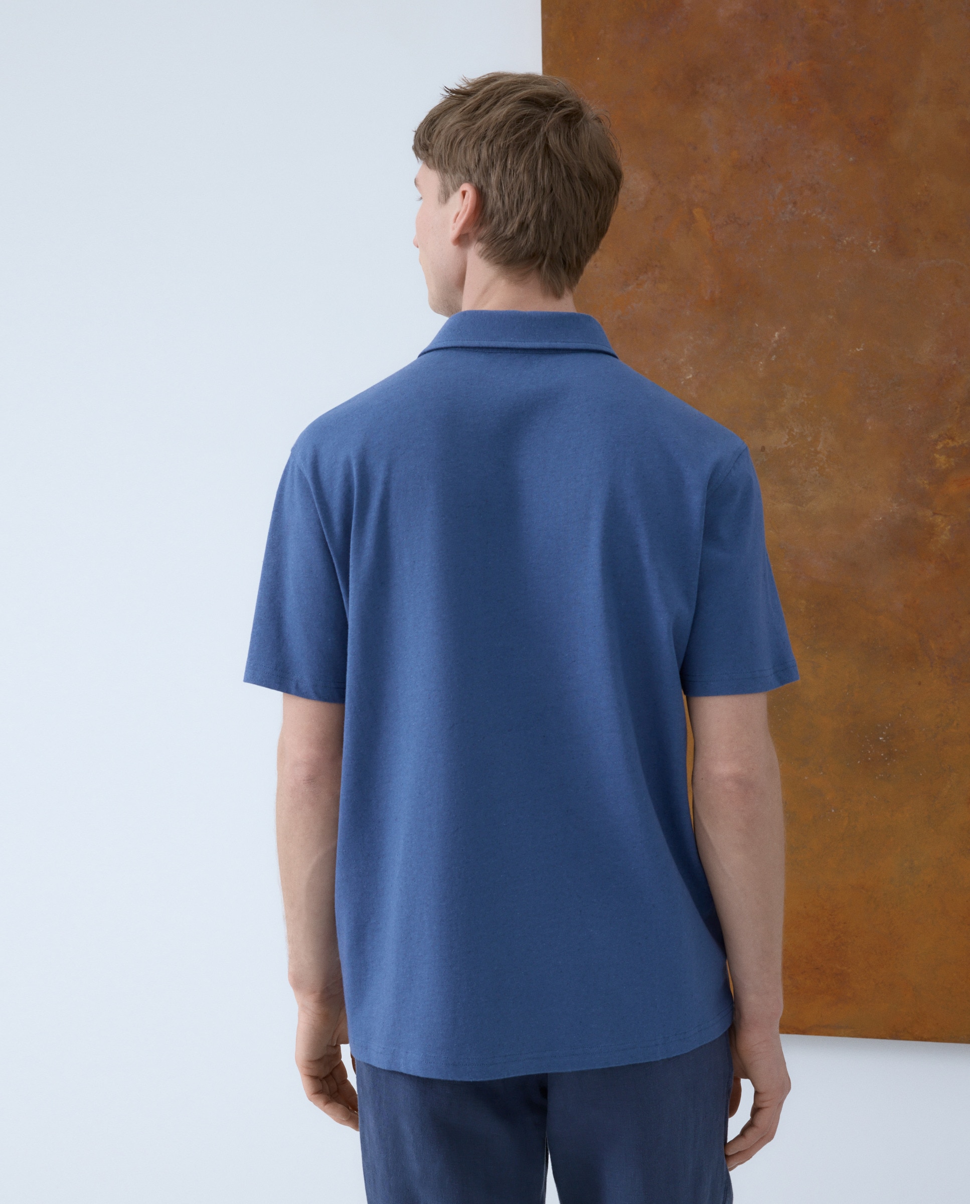 Polo Piqué de Algodão e Linho com Manga Curta Azul-3