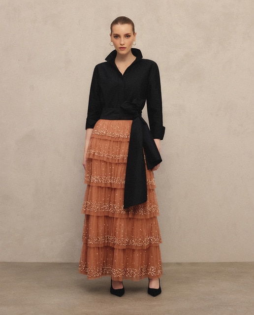 Imagem 0 de Saia Midi de Tule com Folhos e Pedraria