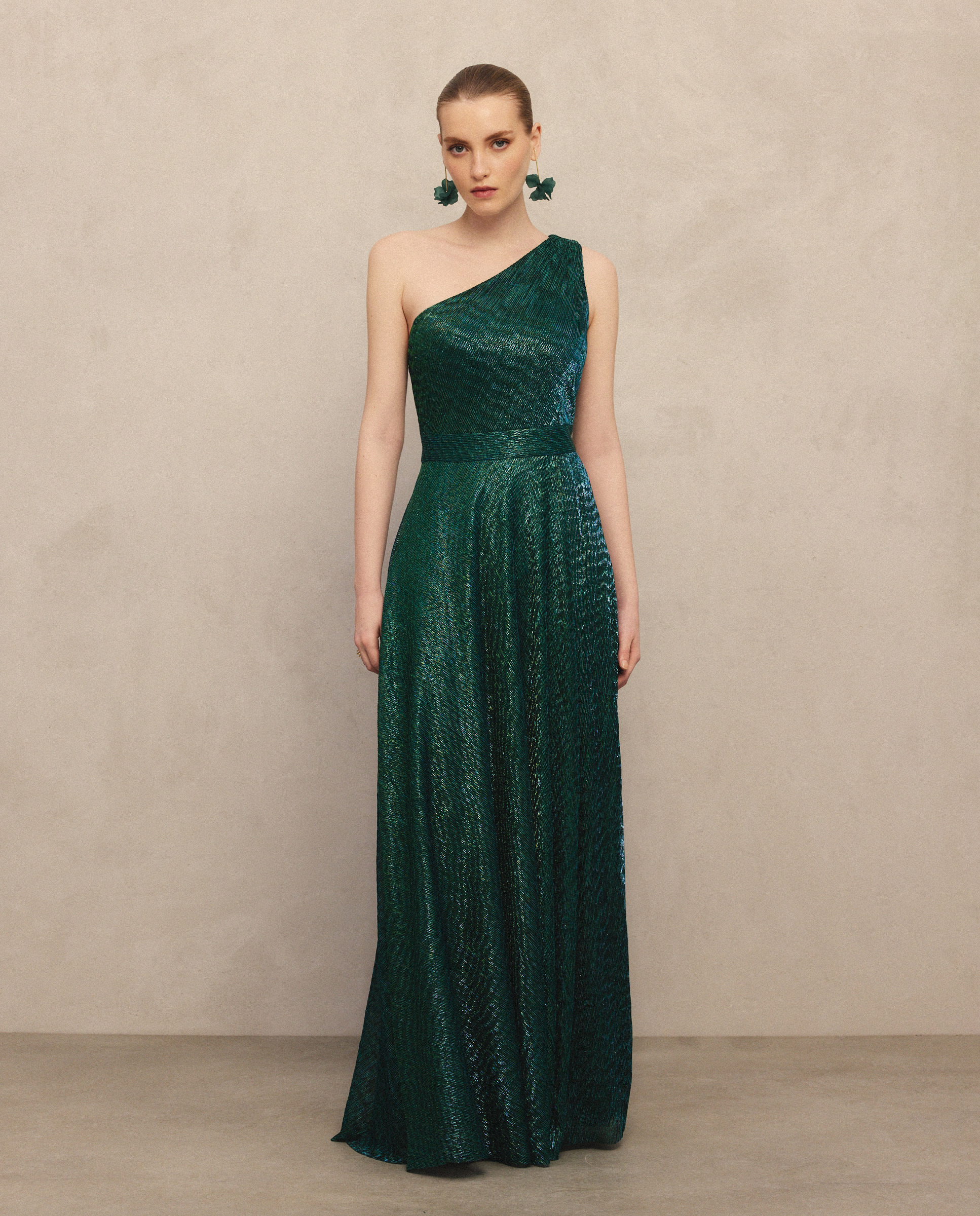 Vestido Comprido de Malha de Fio Metalizado Assimétrico Verde-2