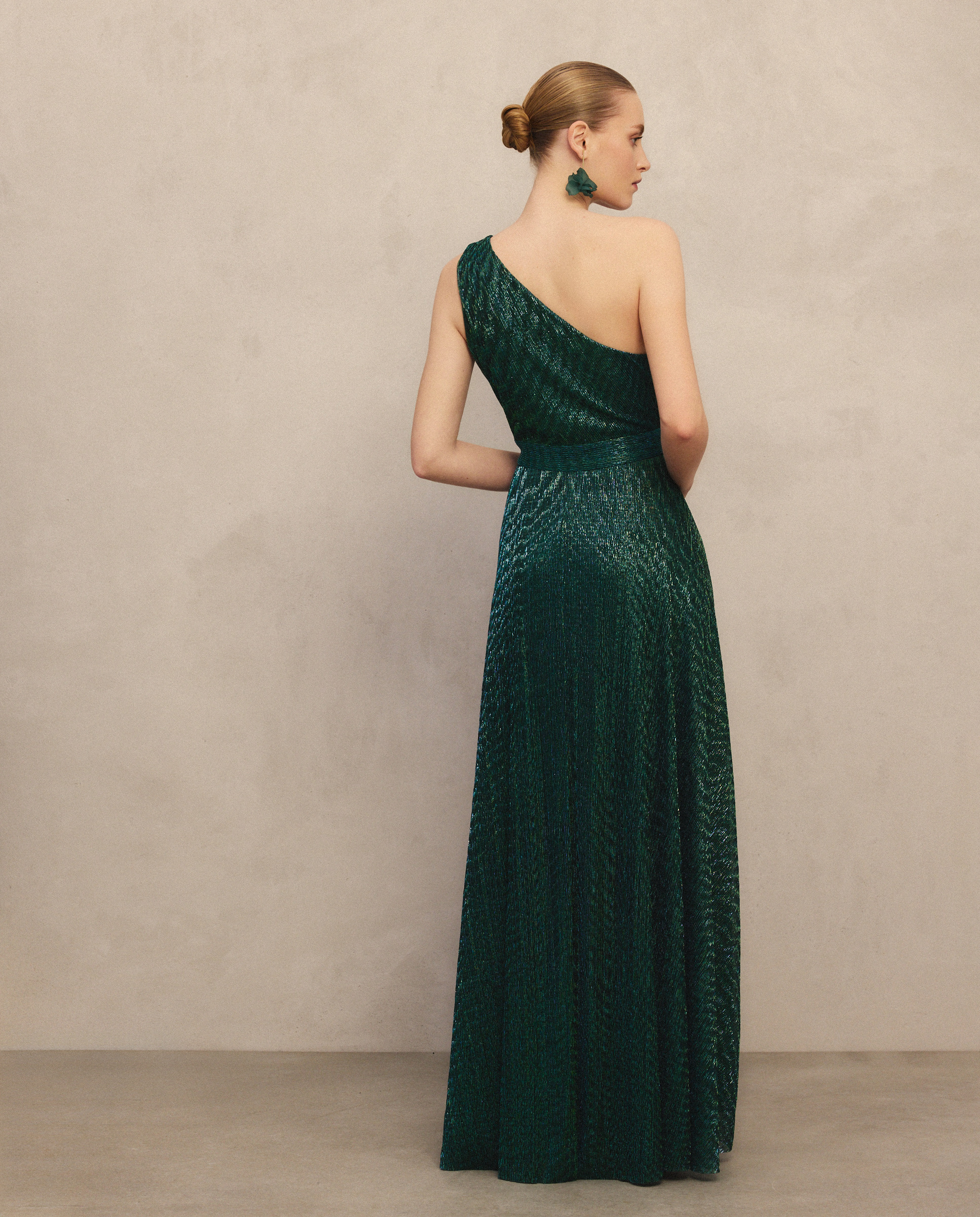 Vestido Comprido de Malha de Fio Metalizado Assimétrico Verde-3
