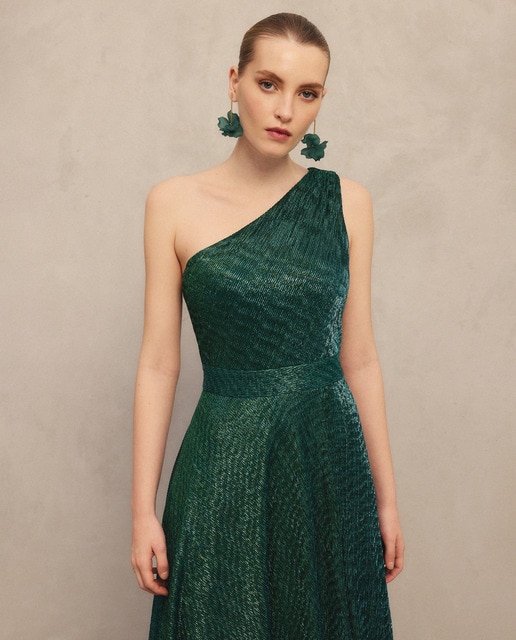 Imagem 0 de Vestido Comprido de Malha de Fio Metalizado Assimétrico