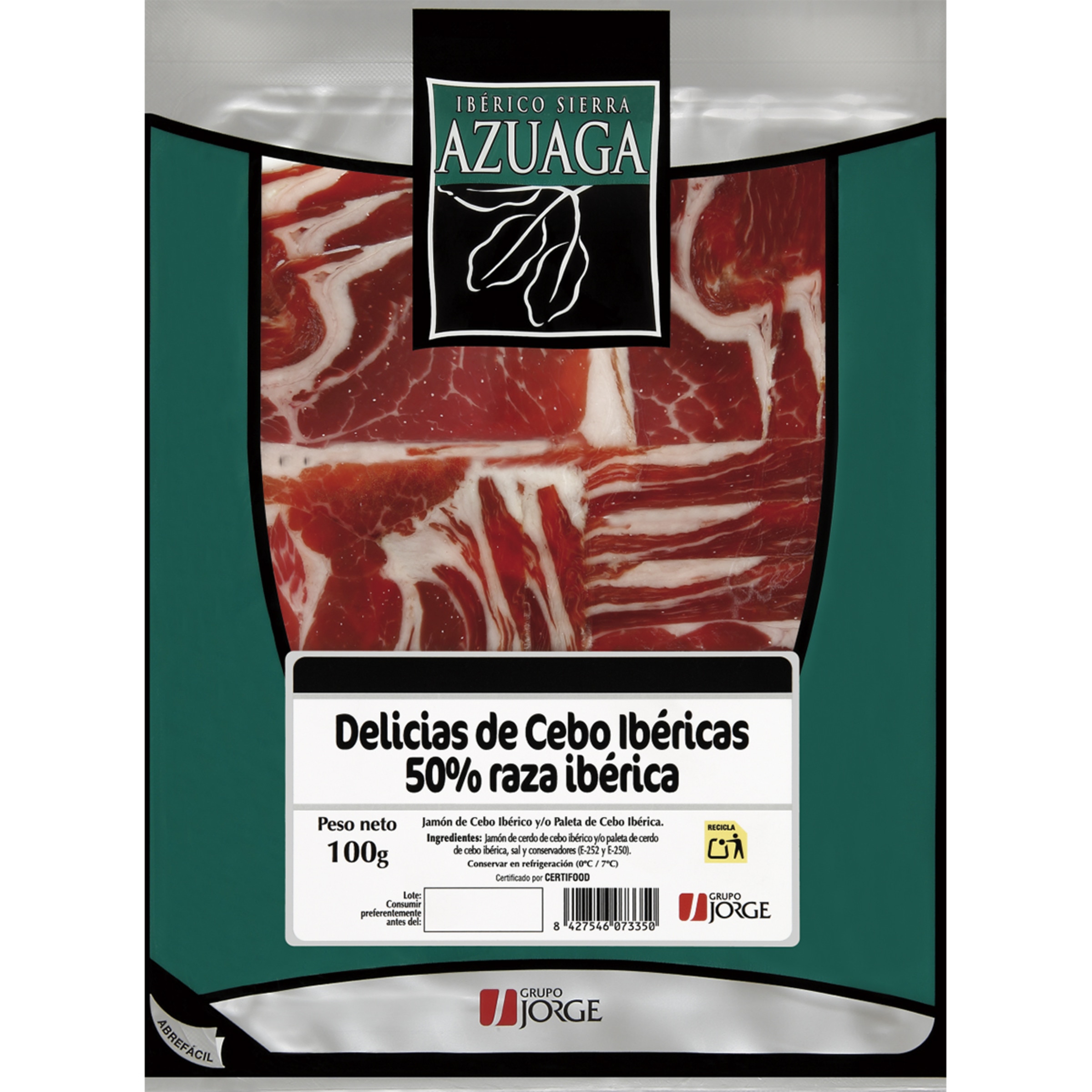 Delicias Ibéricas jamón y paleta de cebo ibérico 50% raza ibérica en lonchas sin gluten envase 100 g