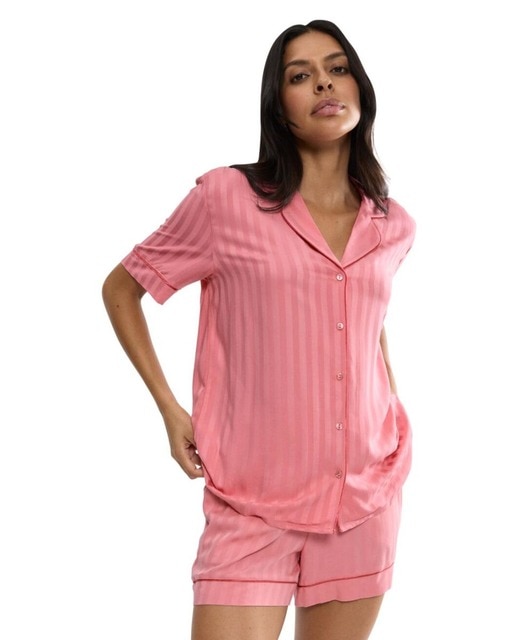 Imagem 0 de T-shirt de Pijama em Tecido Jacquard com Manga Curta e Fecho de Botões