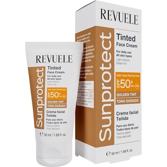 crema facial con color tono dorado SPF 50+ SunProtect uso diario para todo tipo de piel tubo 50 ml - Revuele