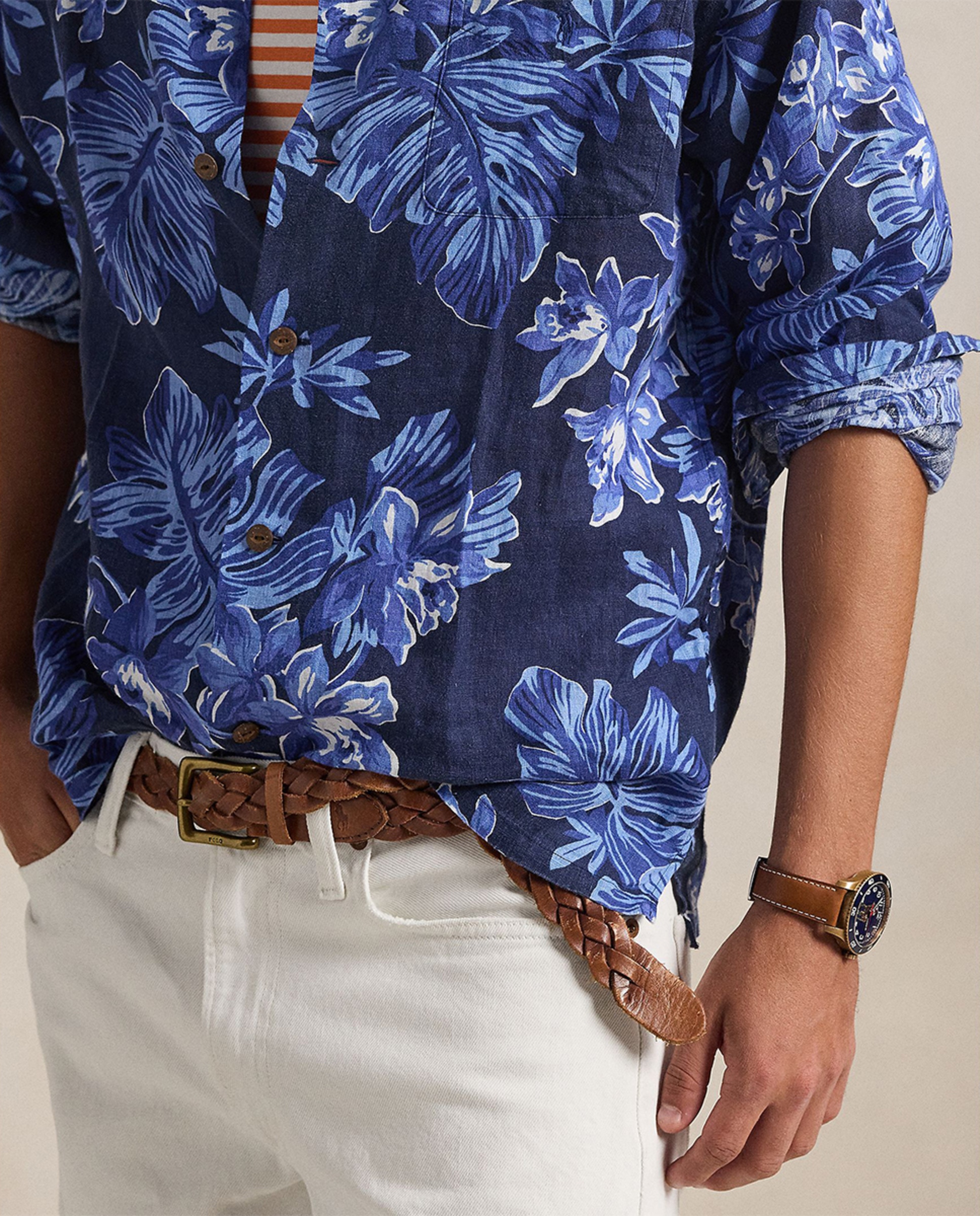 Camisa de Linho Classic Fit Estampada Azul claro / azul marinho-3