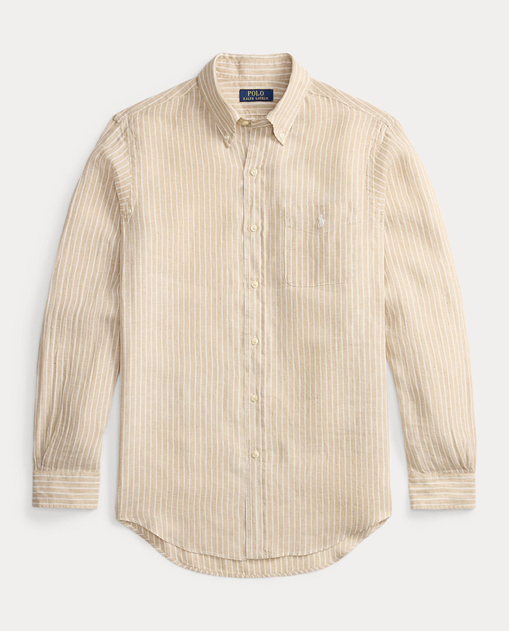 Camisa Custom Fit de Linho às Riscas Bege-6