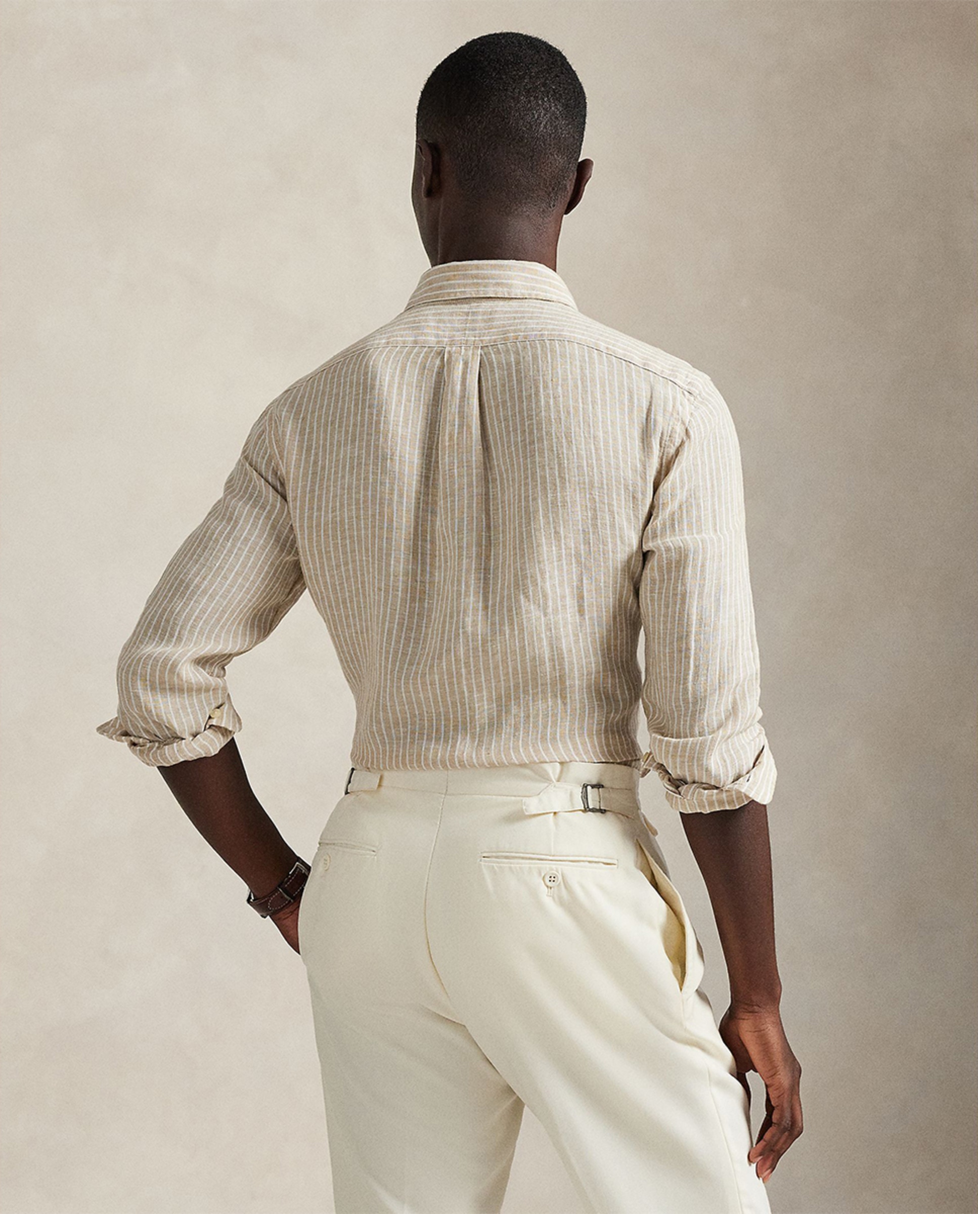 Camisa Custom Fit de Linho às Riscas Bege-2