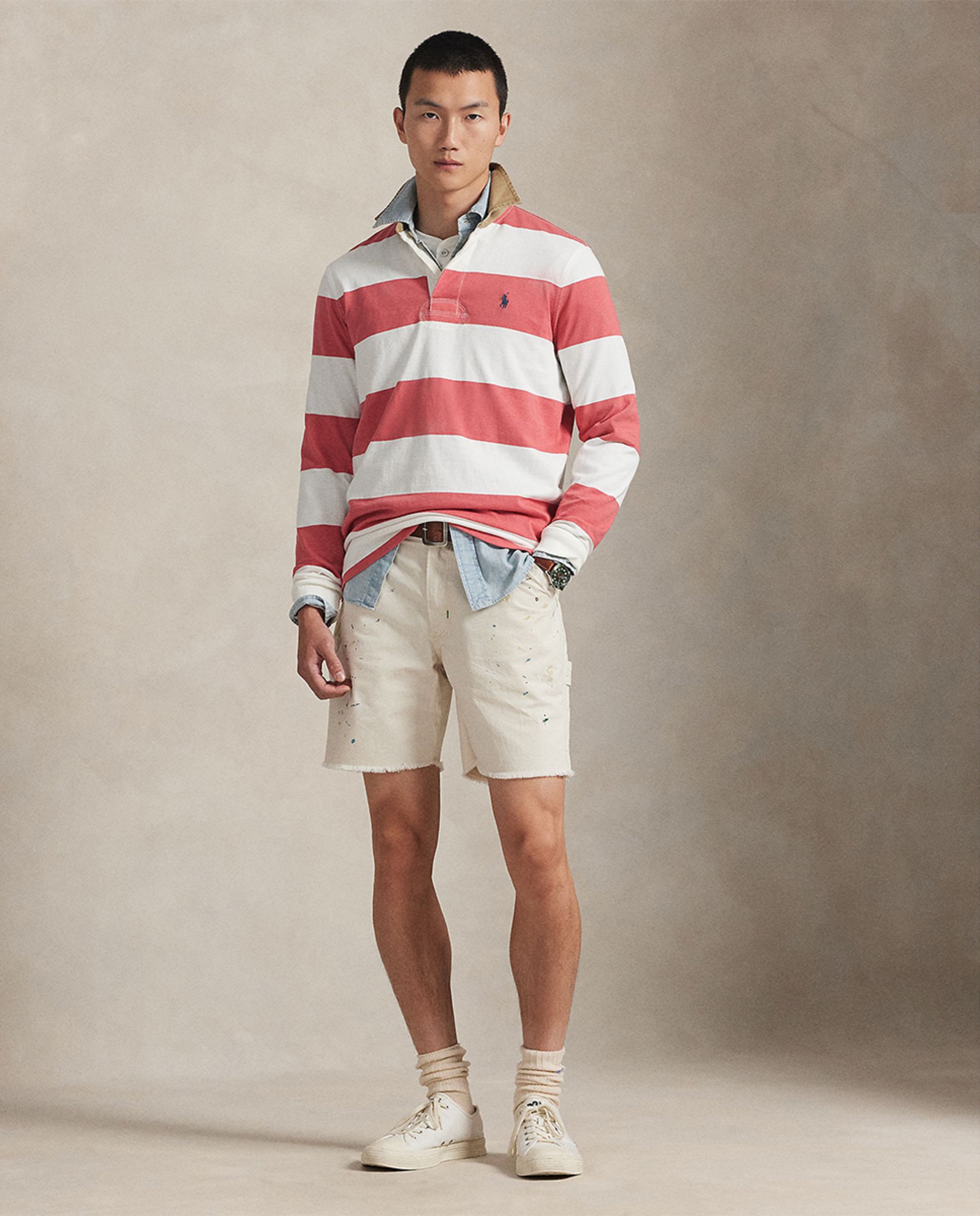 T-shirt de Rugby de Algodão Classic Fit Branco / Vermelho-5