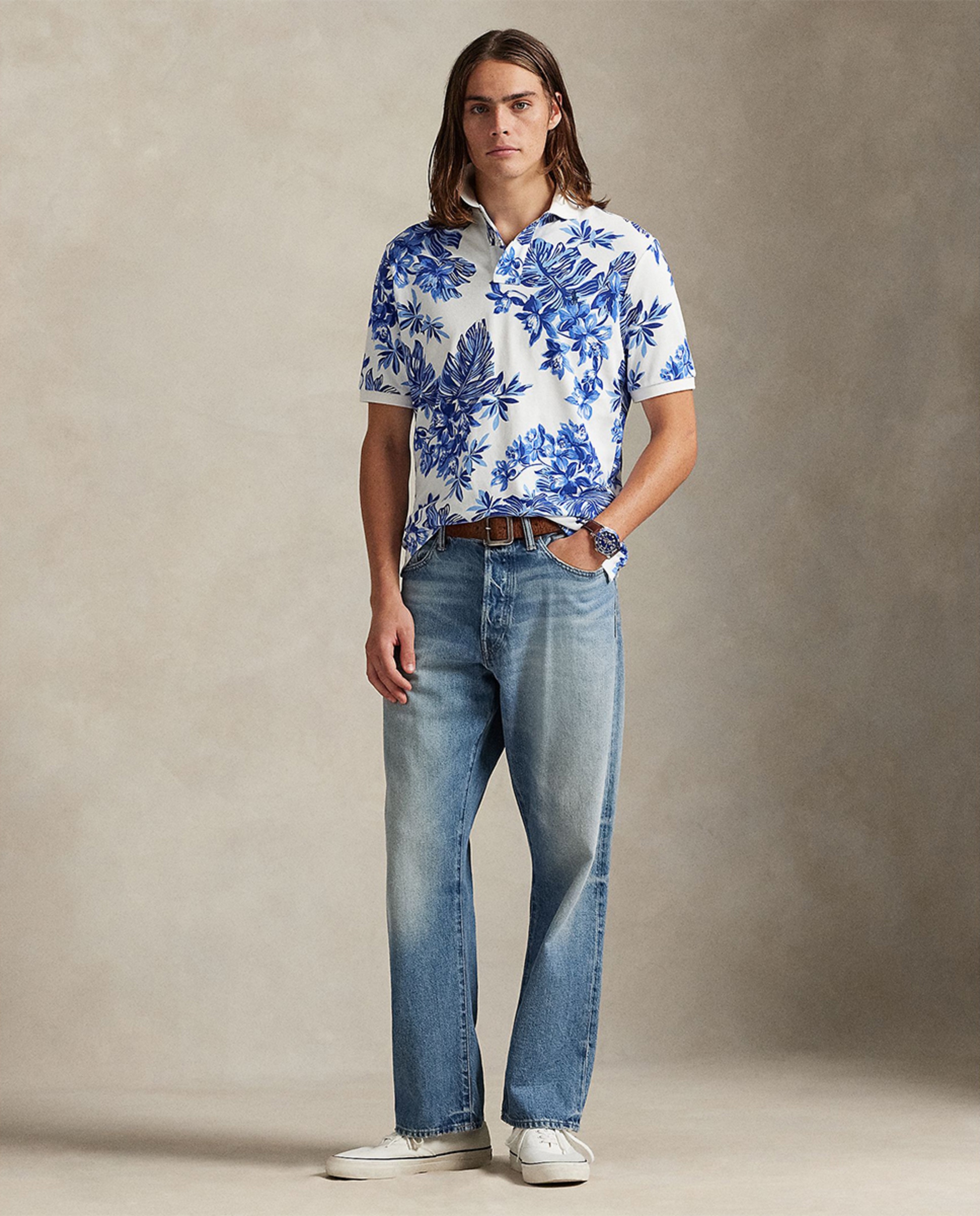 Polo de Piqué Tropical Custom Slim Fit Branco / Azul-6