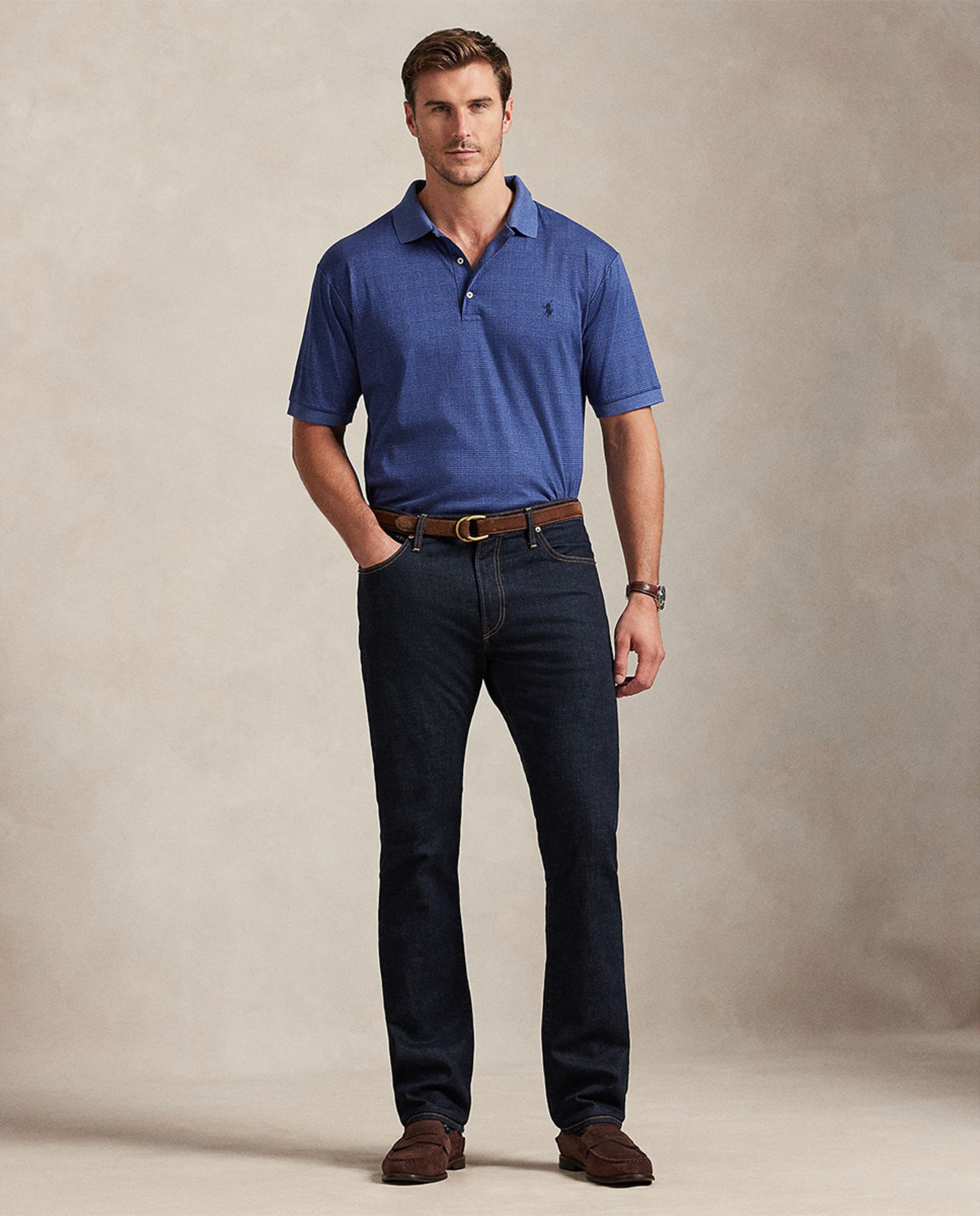 Polo de Algodão Suave aos Quadrados Glen Tamanhos Grandes Azul-índigo-6