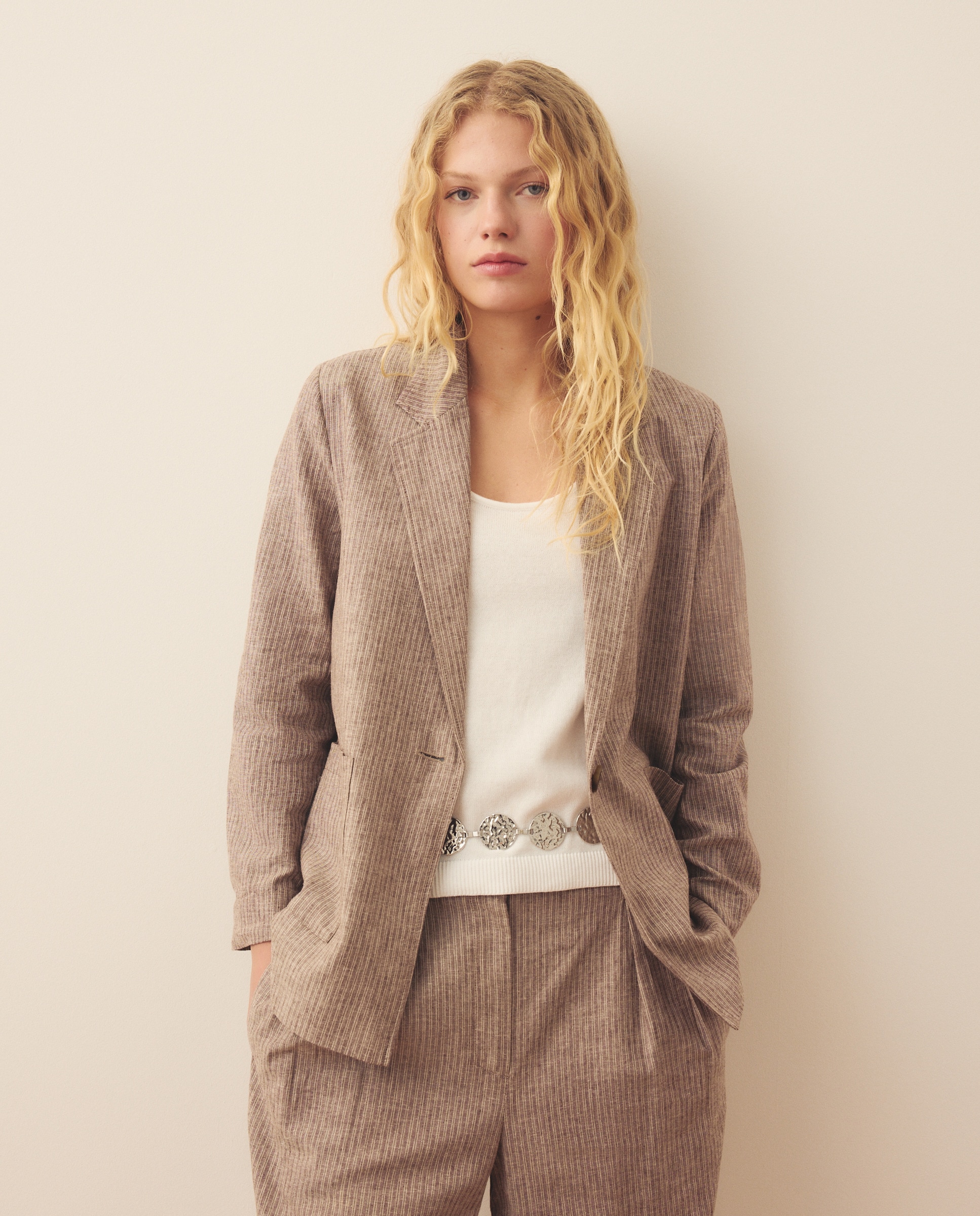 Blazer Liso de Linho Castanho-1