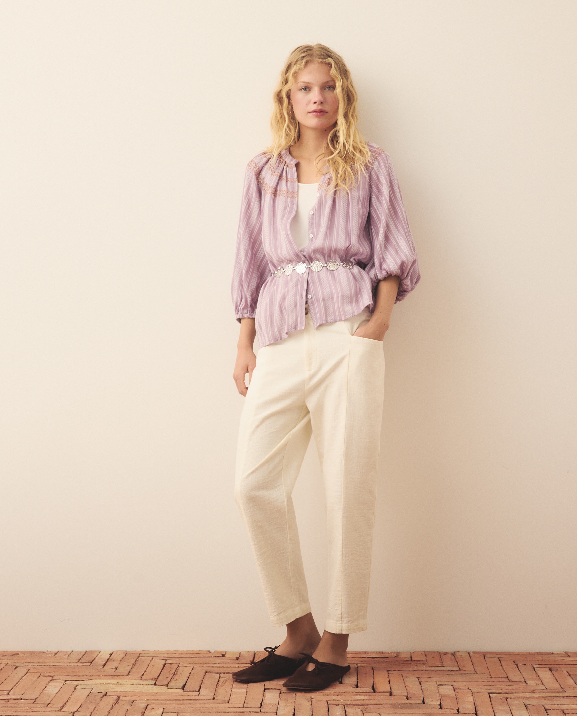 Blusa Básica às Riscas Smoking Rosa-2