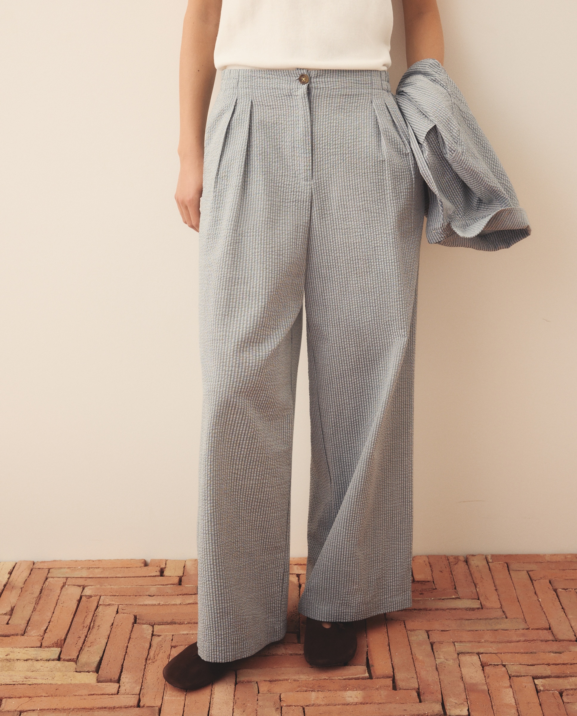 Calças Lisas em Seersucker com Elásticos Azul-2