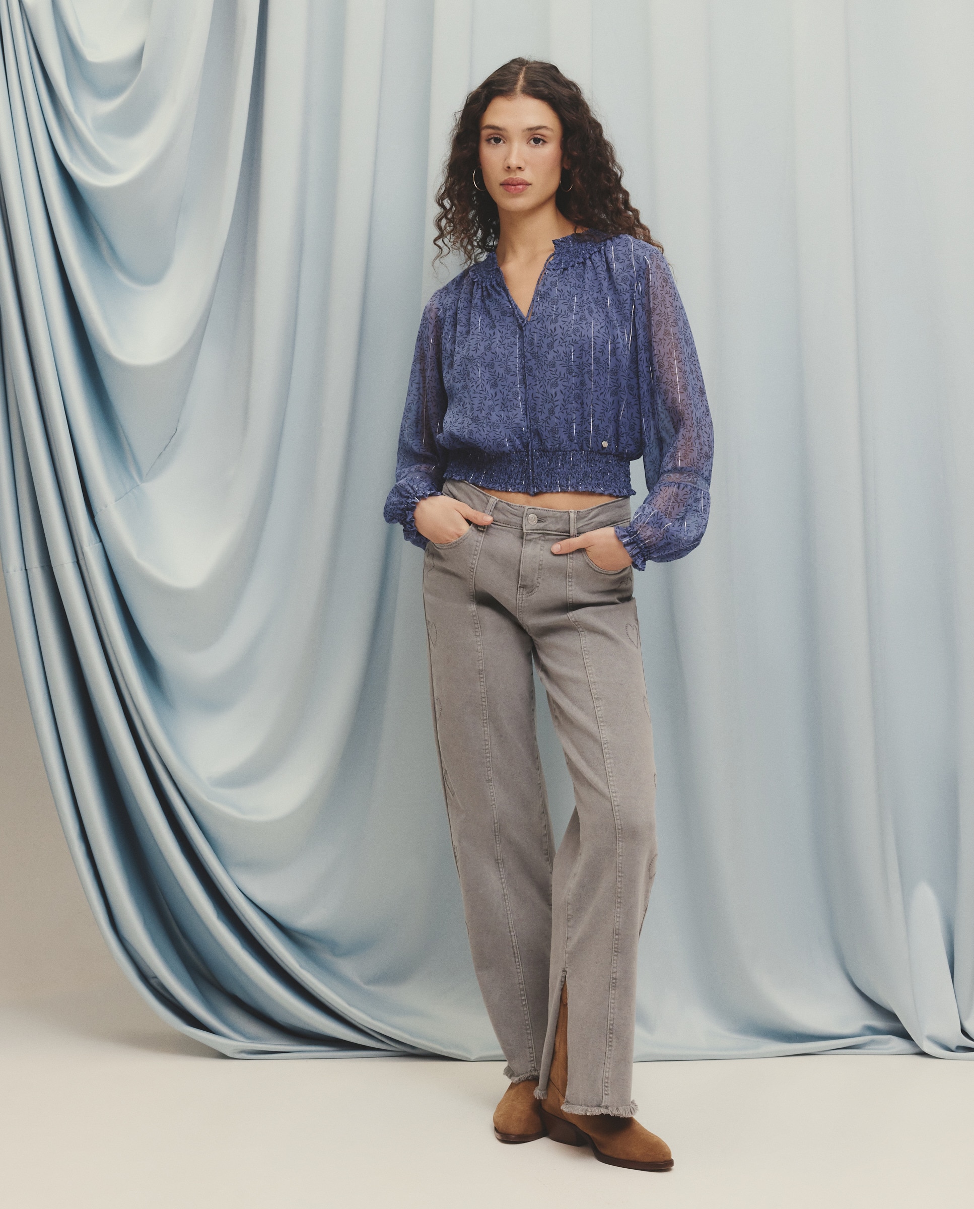 Blusa de Chiffon com Manga Comprida com Elásticos Azul pálido-3