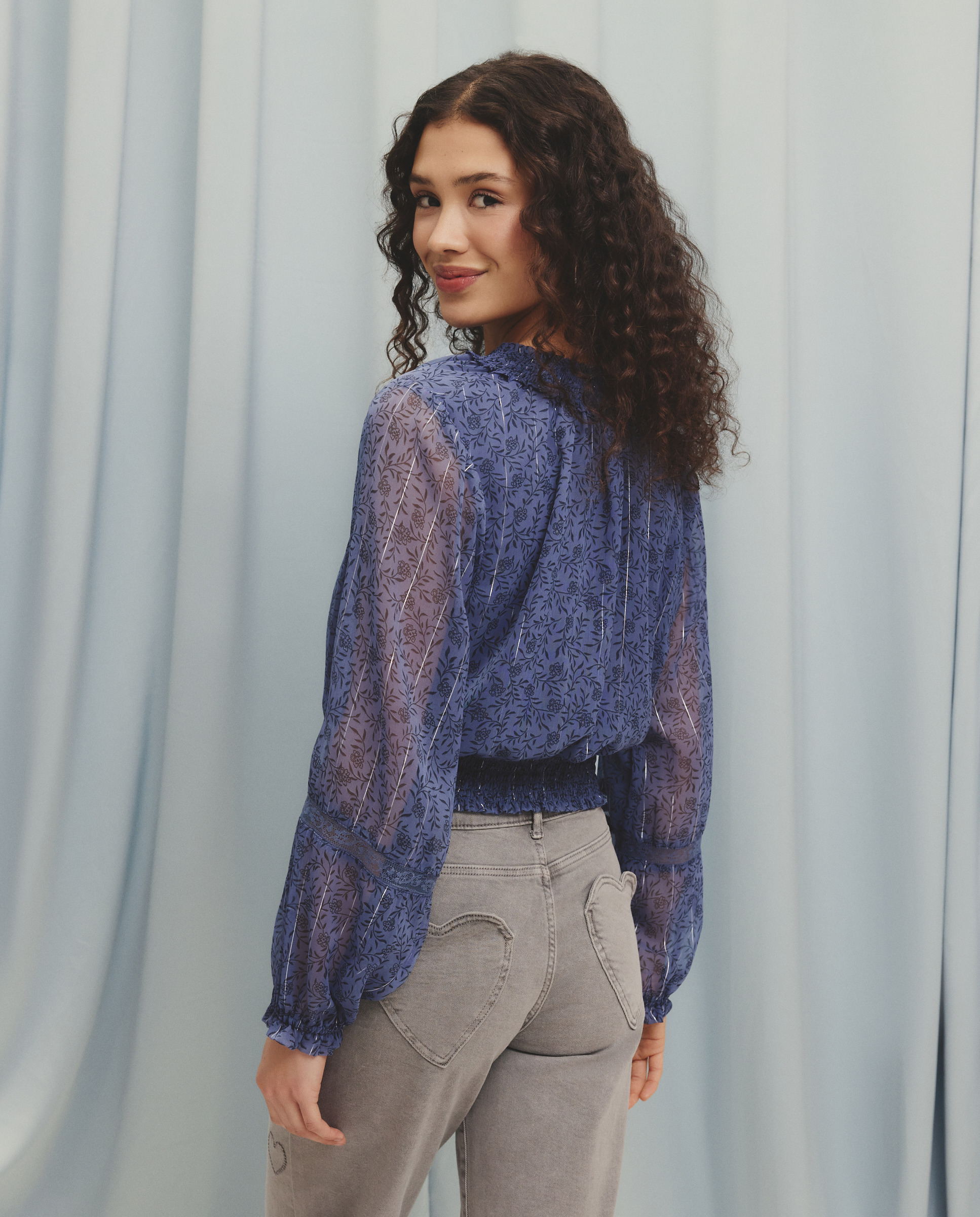 Blusa de Chiffon com Manga Comprida com Elásticos Azul pálido-2