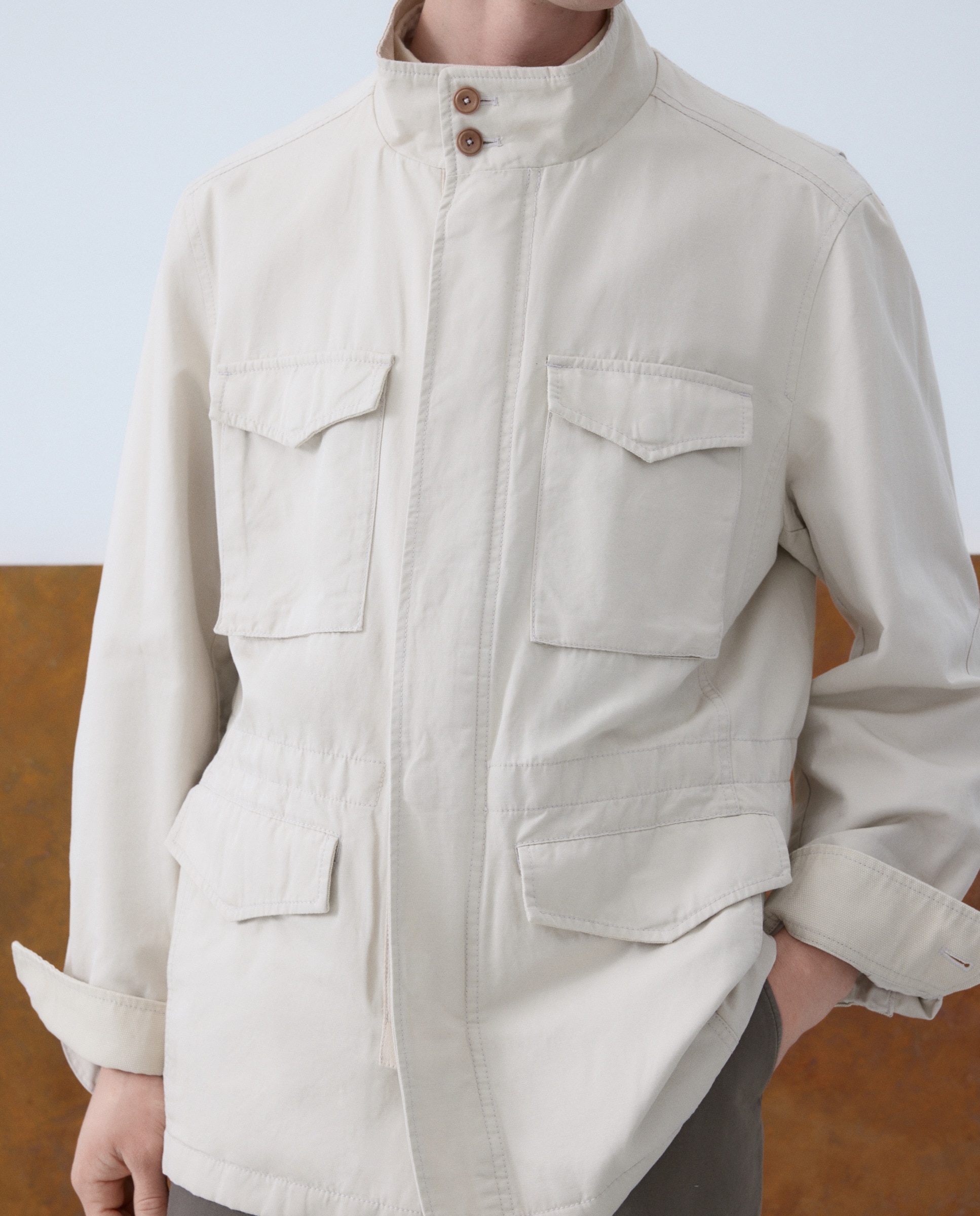 Field Jacket Ligeiro com Mistura de Algodão e Linho Pedra-3